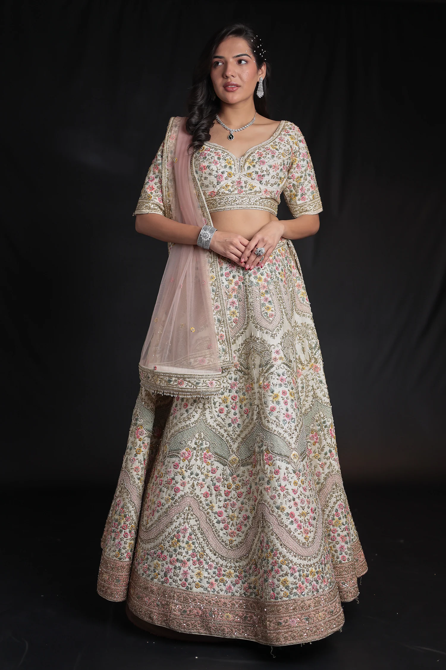 Silk Lehenga Embellished with Thread and Zardozi work - Image 3