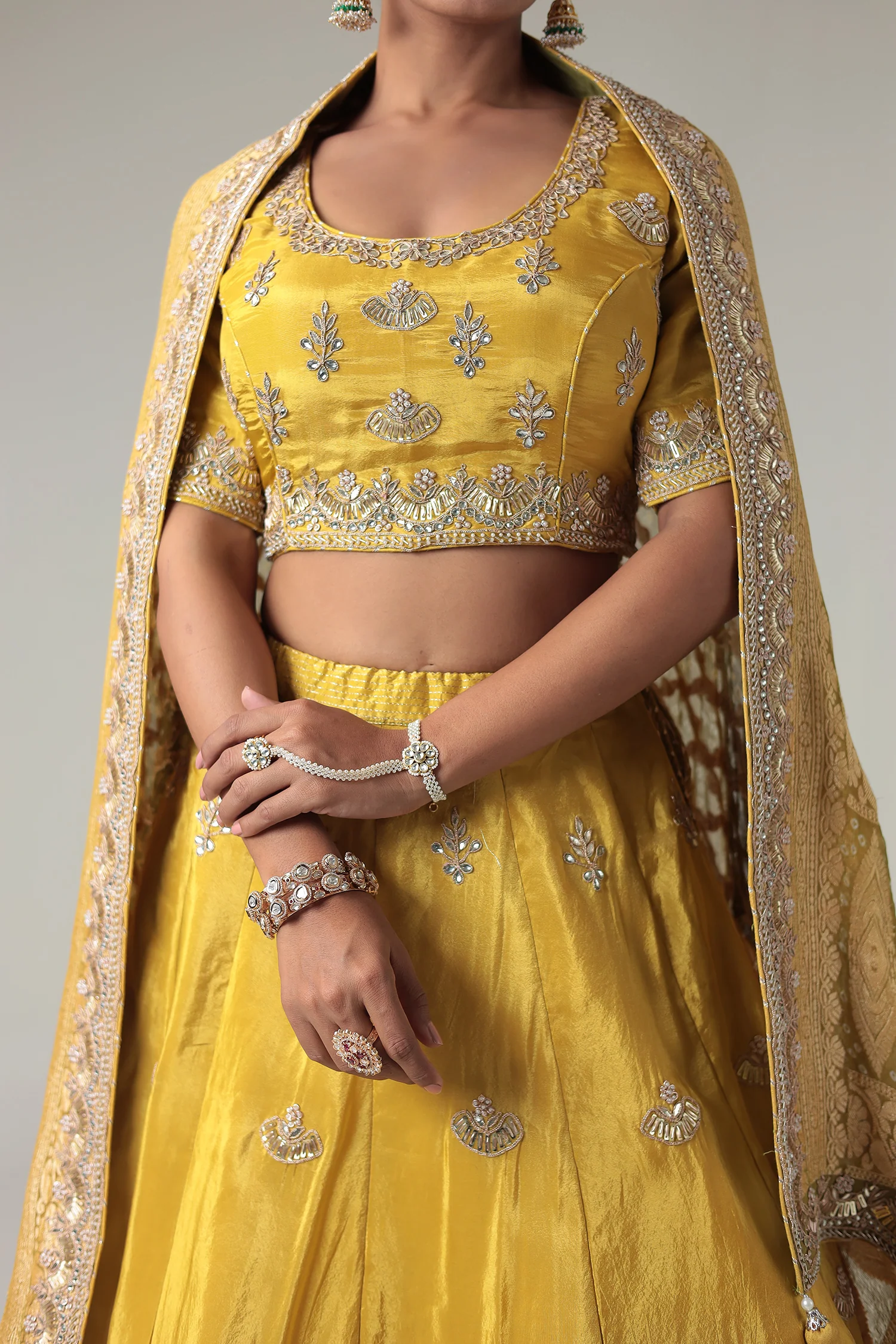 Embellished Silk Lehenga with Contrast Bandhej Dupatta - Image 4