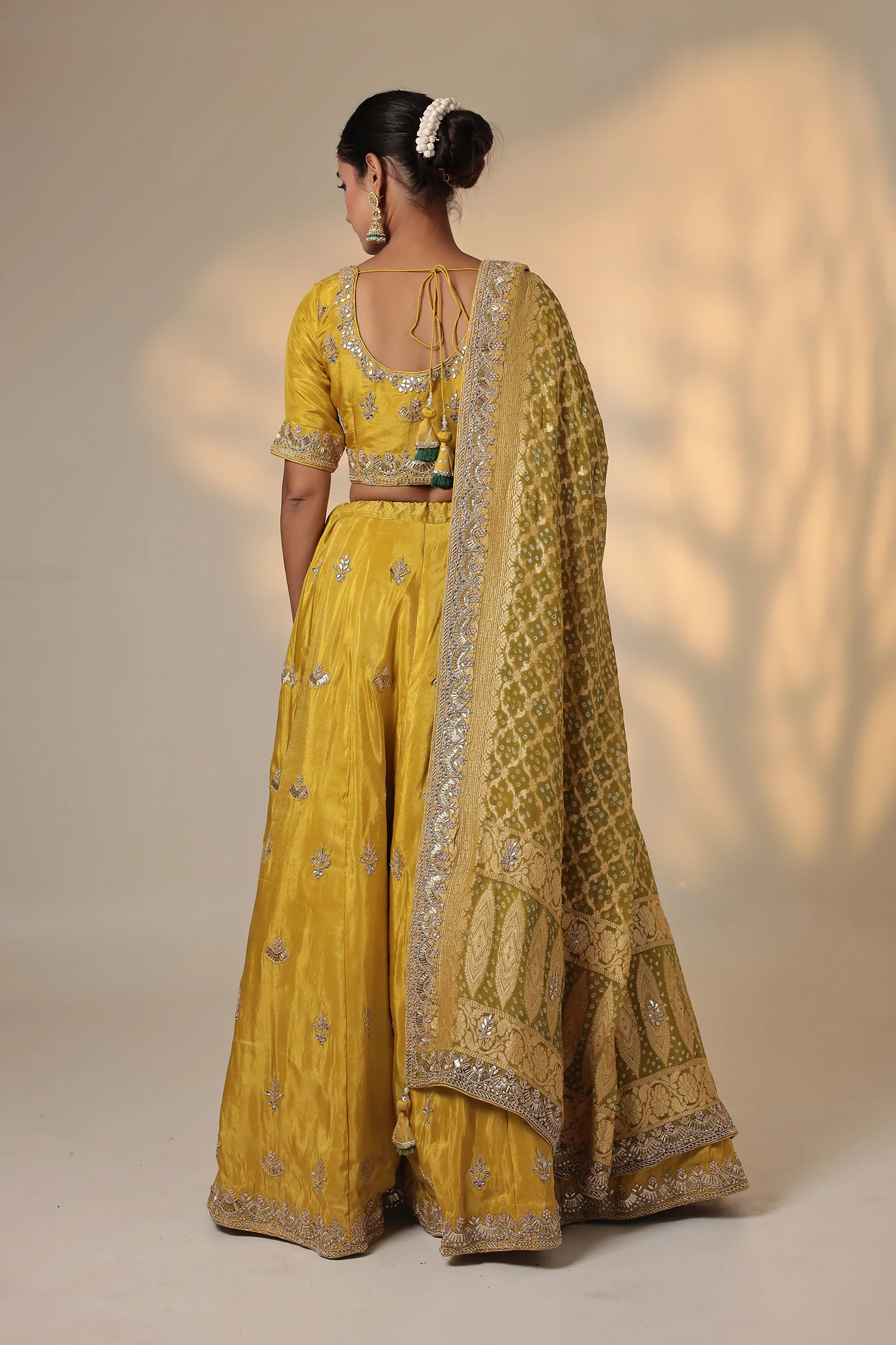 Embellished Silk Lehenga with Contrast Bandhej Dupatta - Image 7