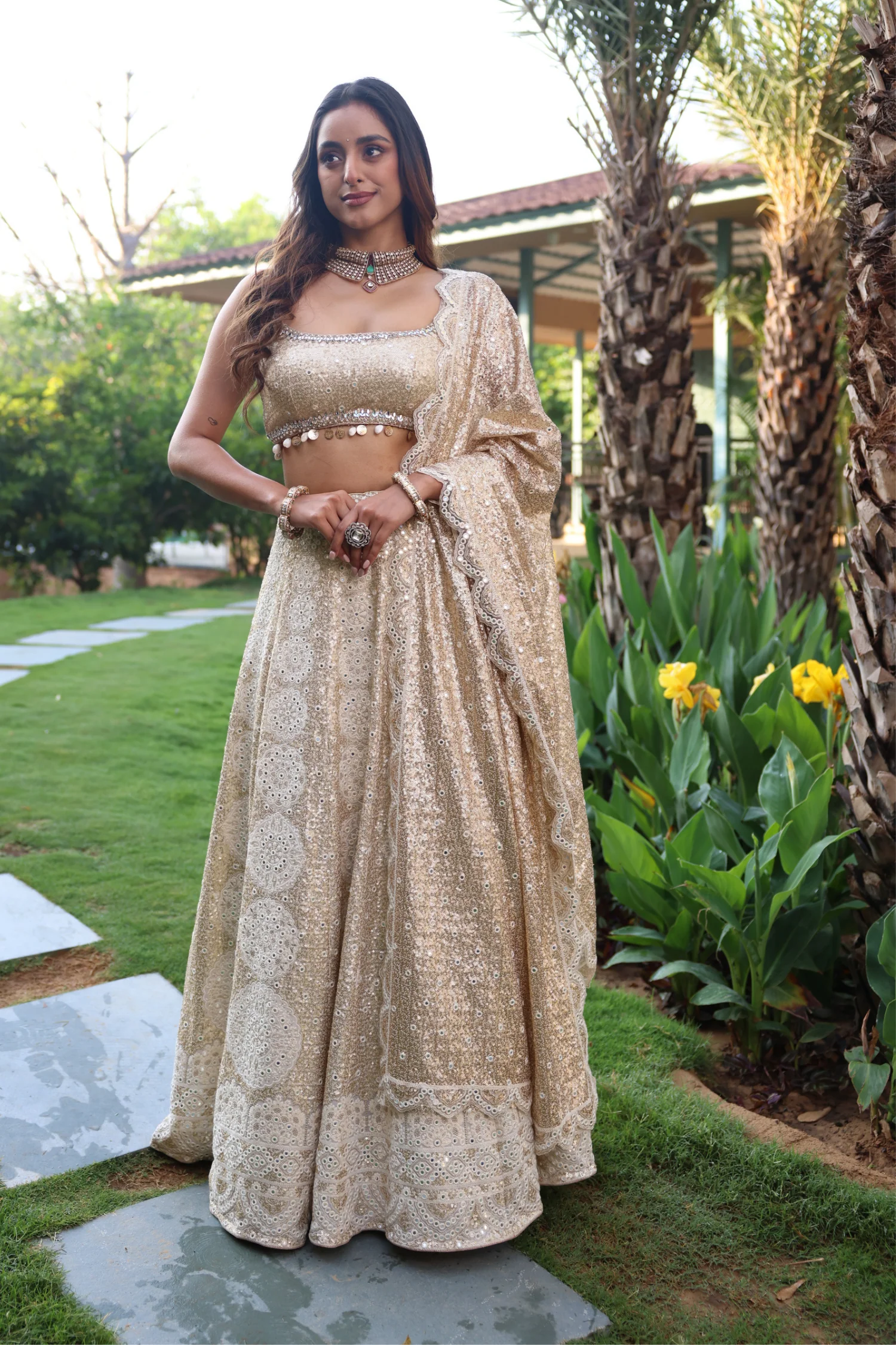 Silk Lehenga with Mirror, Sequins, Thread work.