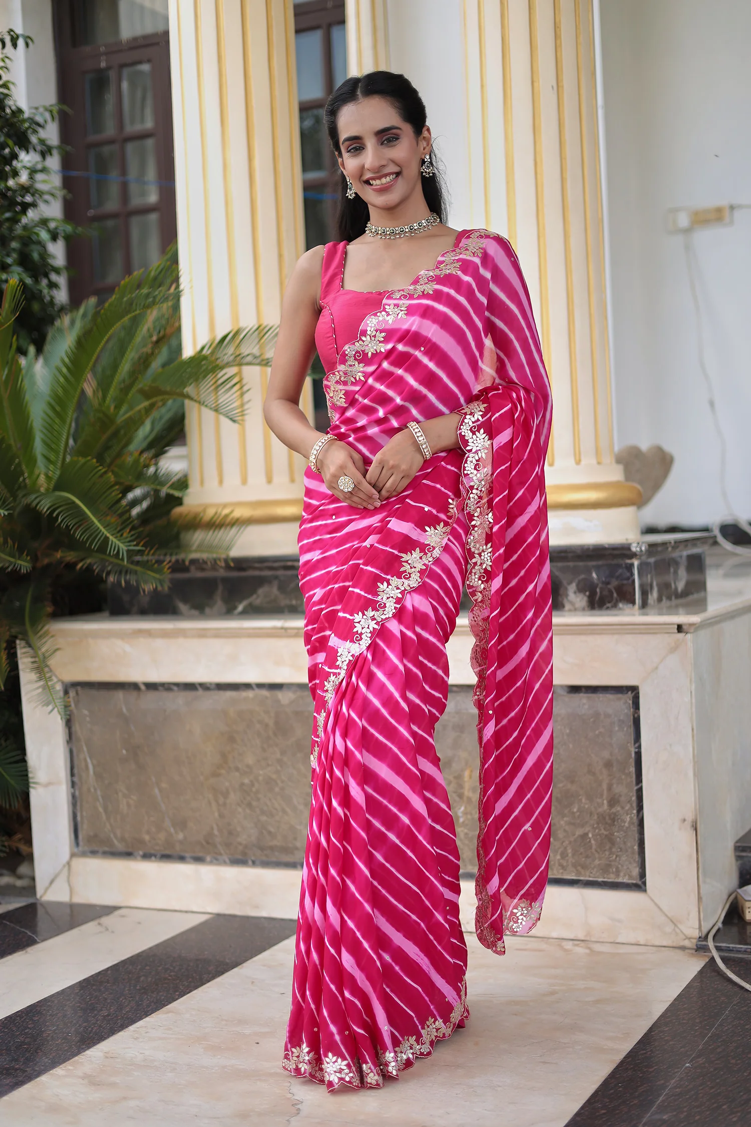 Leheriya Silk Saree with Timeless Aari and Gota Patti Embroidery - Image 22