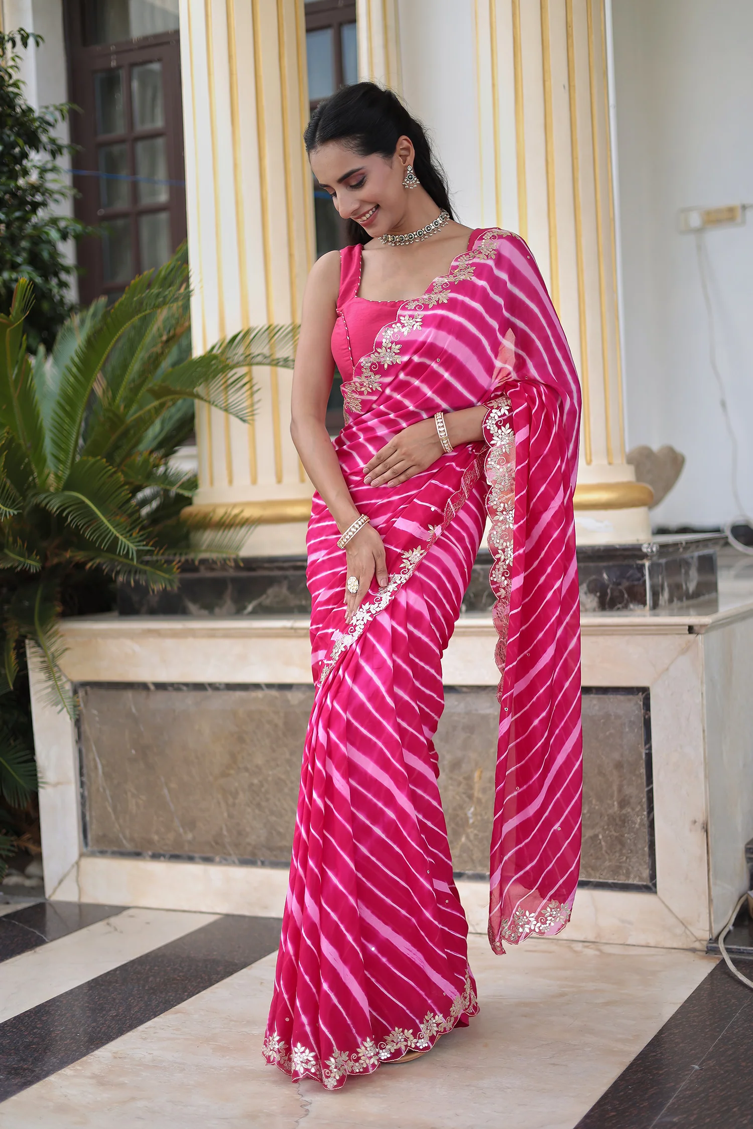 Leheriya Silk Saree with Timeless Aari and Gota Patti Embroidery - Image 12