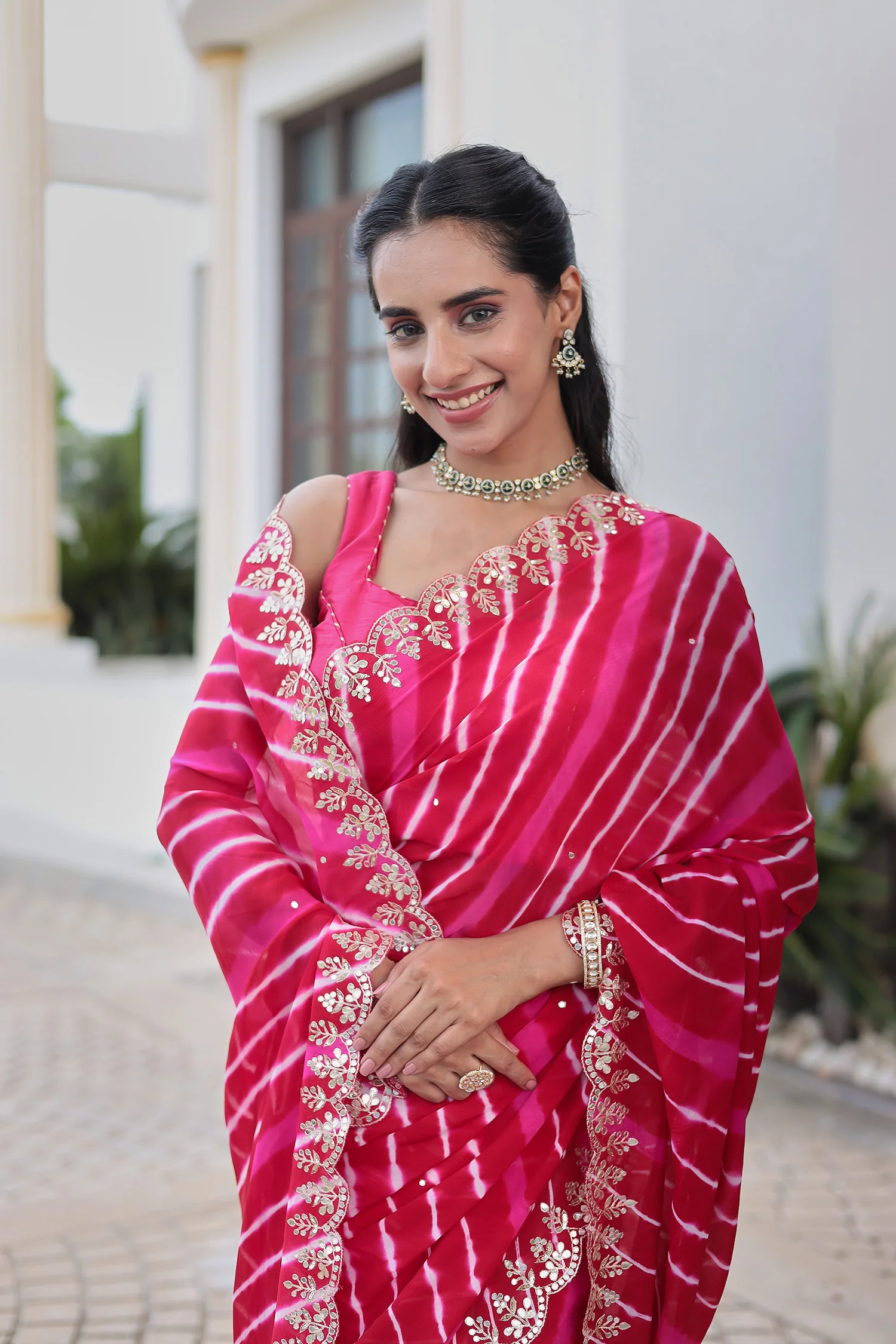 Leheriya Silk Saree with Timeless Aari and Gota Patti Embroidery - Image 23