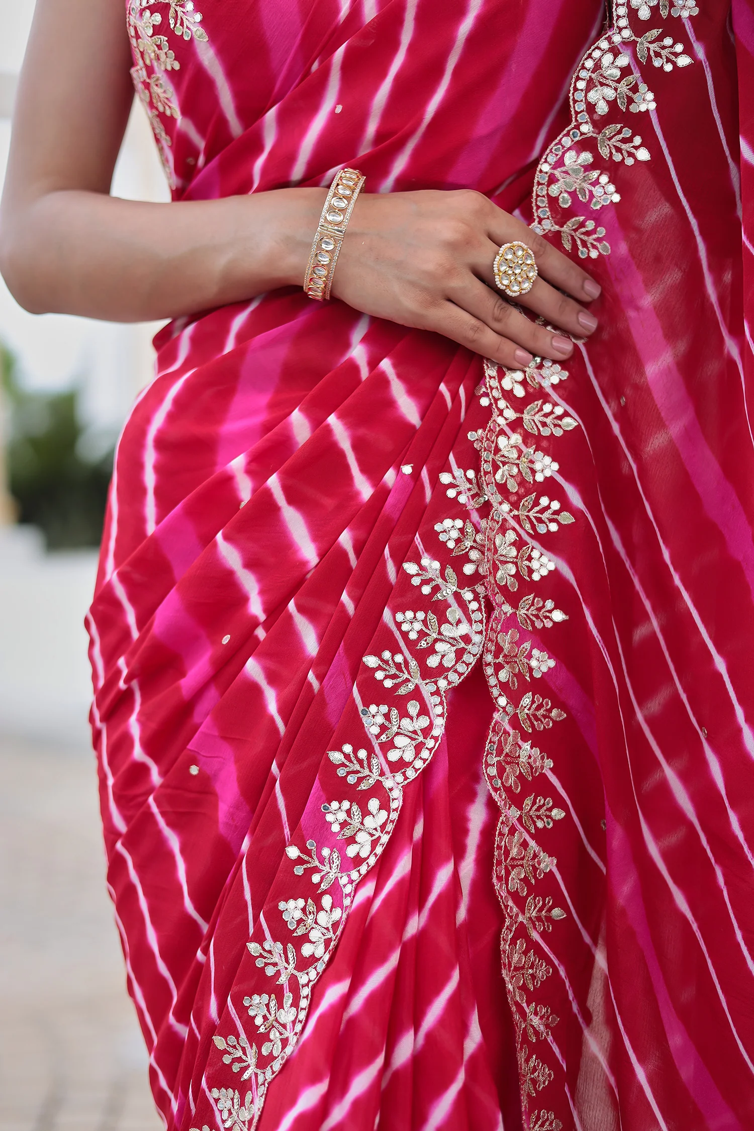 Leheriya Silk Saree with Timeless Aari and Gota Patti Embroidery - Image 25