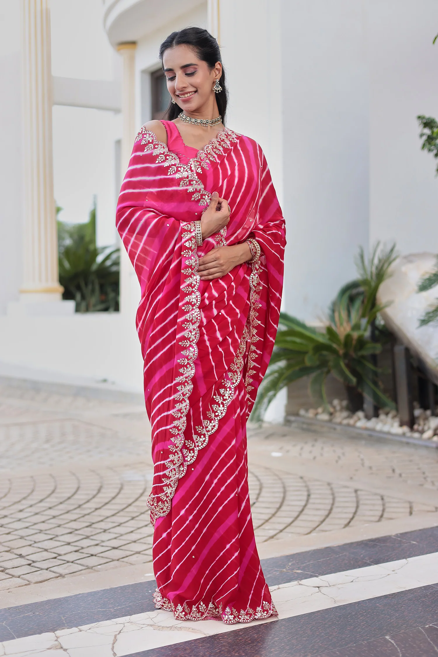 Leheriya Silk Saree with Timeless Aari and Gota Patti Embroidery - Image 17