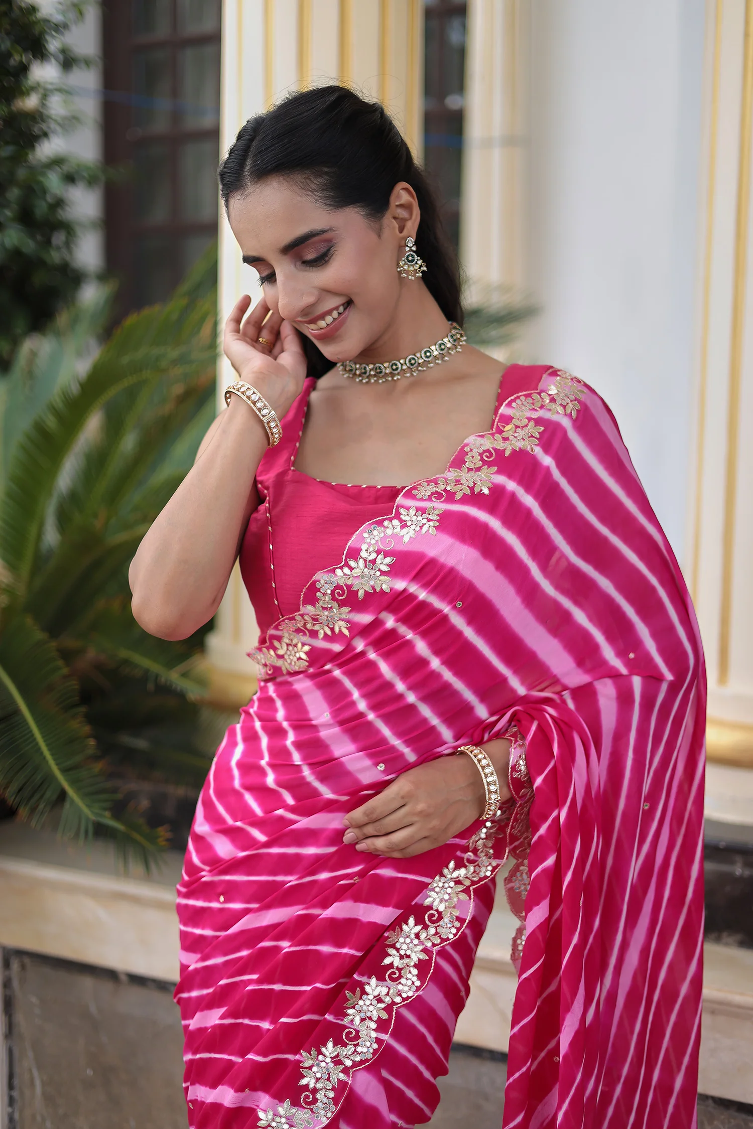 Leheriya Silk Saree with Timeless Aari and Gota Patti Embroidery - Image 2