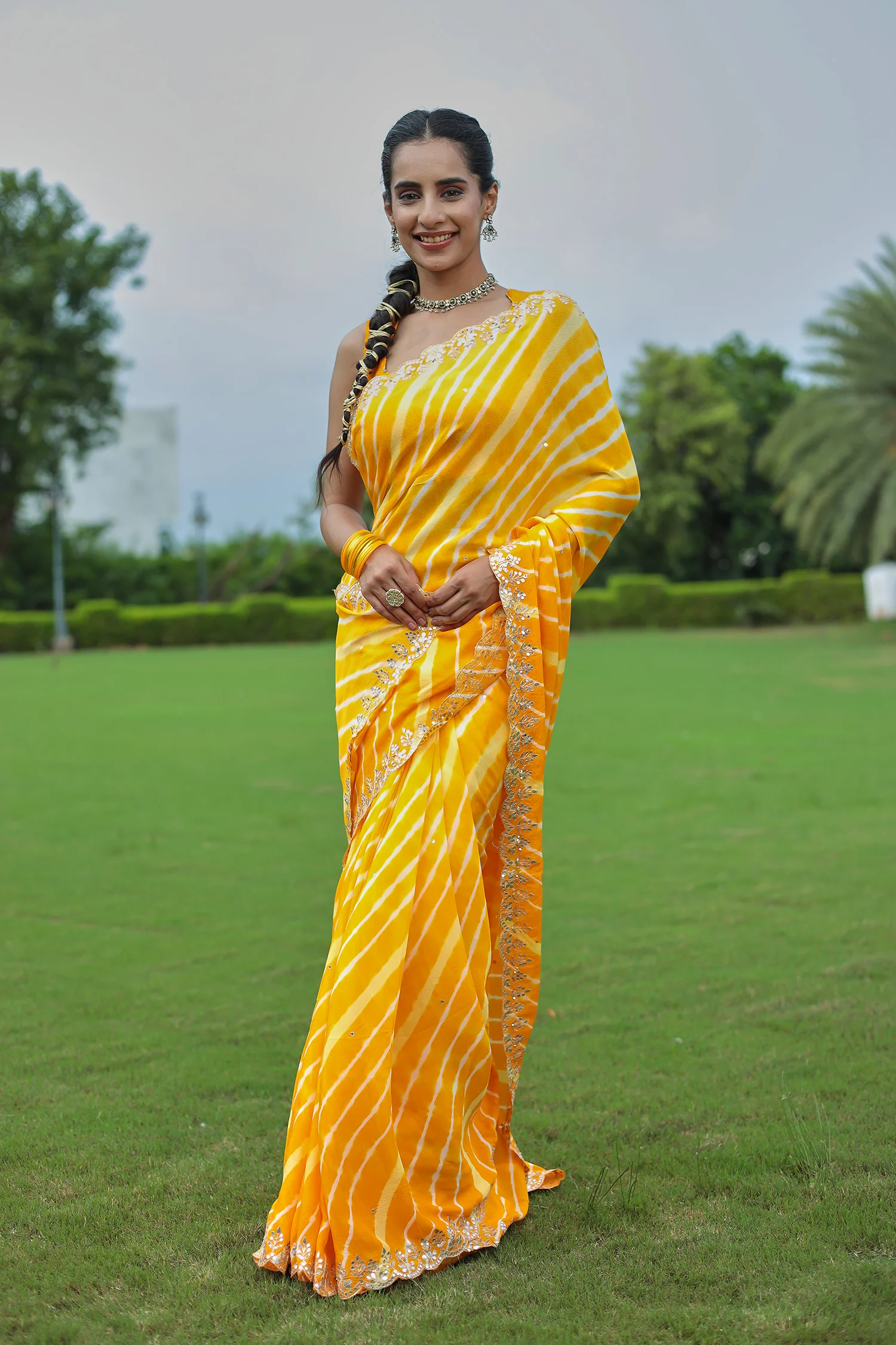 Leheriya Silk Saree with Timeless Aari and Gota Patti Embroidery - Image 22