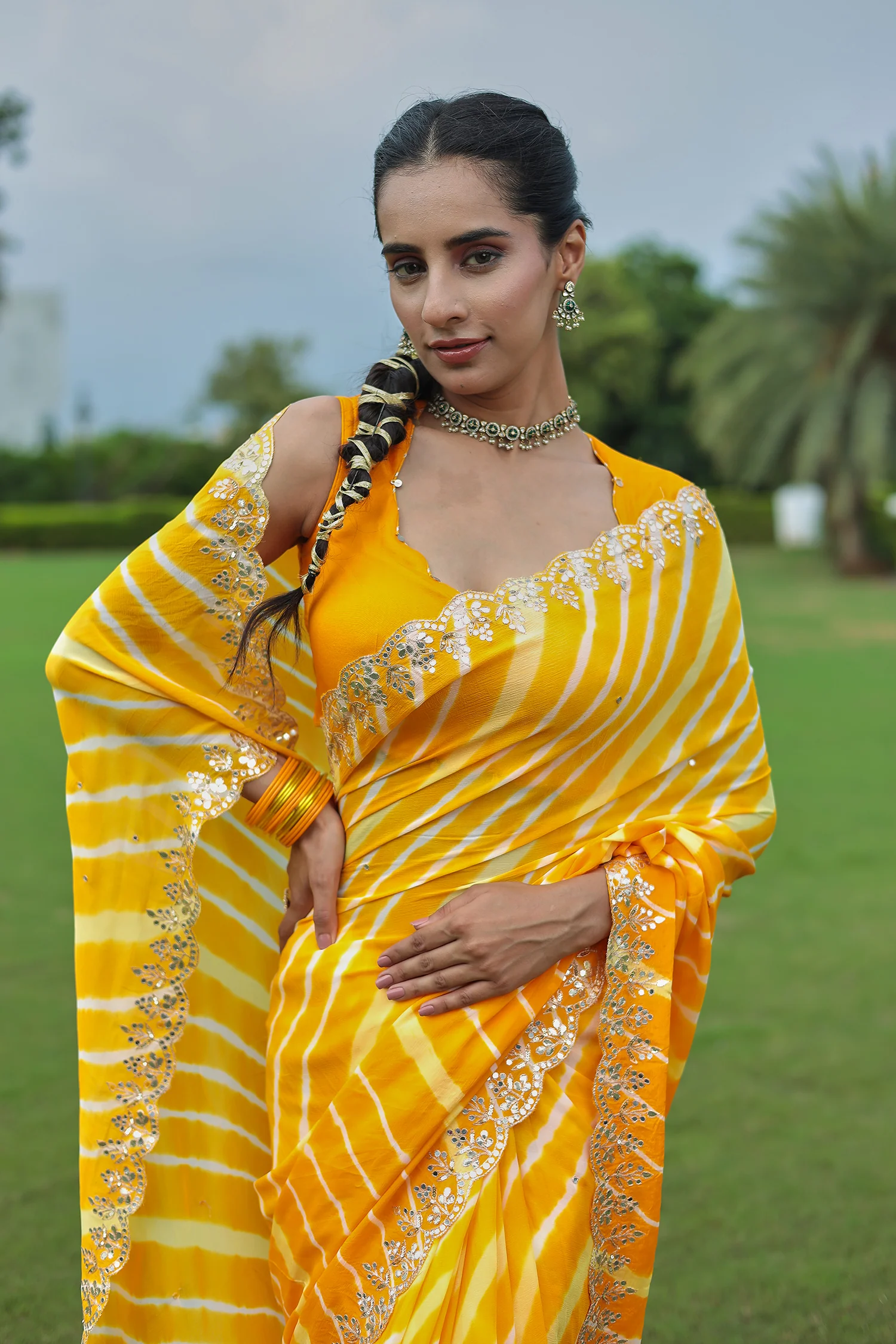 Leheriya Silk Saree with Timeless Aari and Gota Patti Embroidery - Image 23