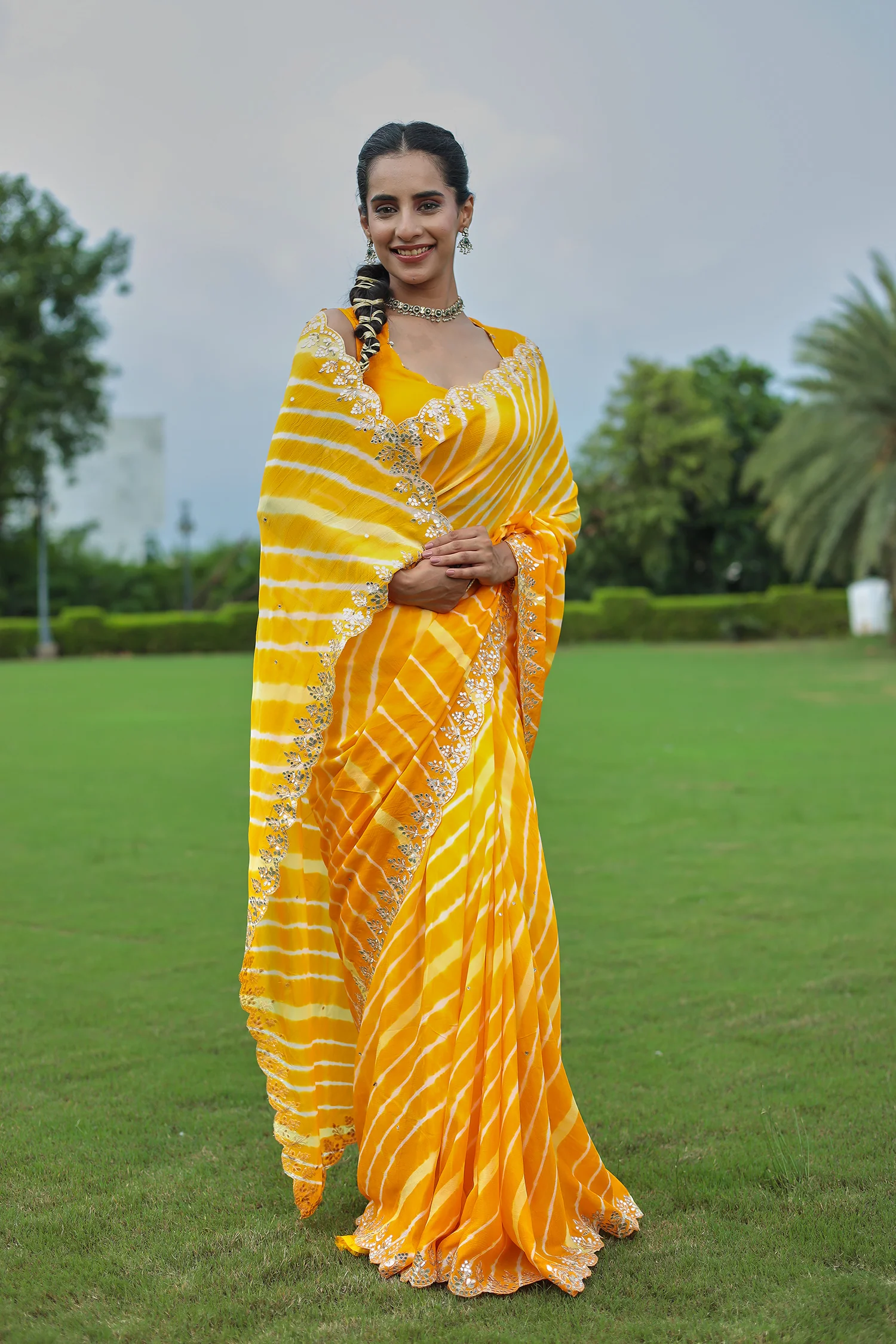 Leheriya Silk Saree with Timeless Aari and Gota Patti Embroidery - Image 24
