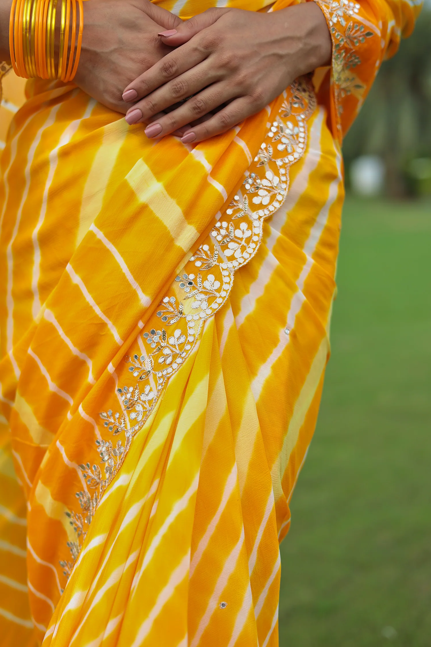 Leheriya Silk Saree with Timeless Aari and Gota Patti Embroidery - Image 25