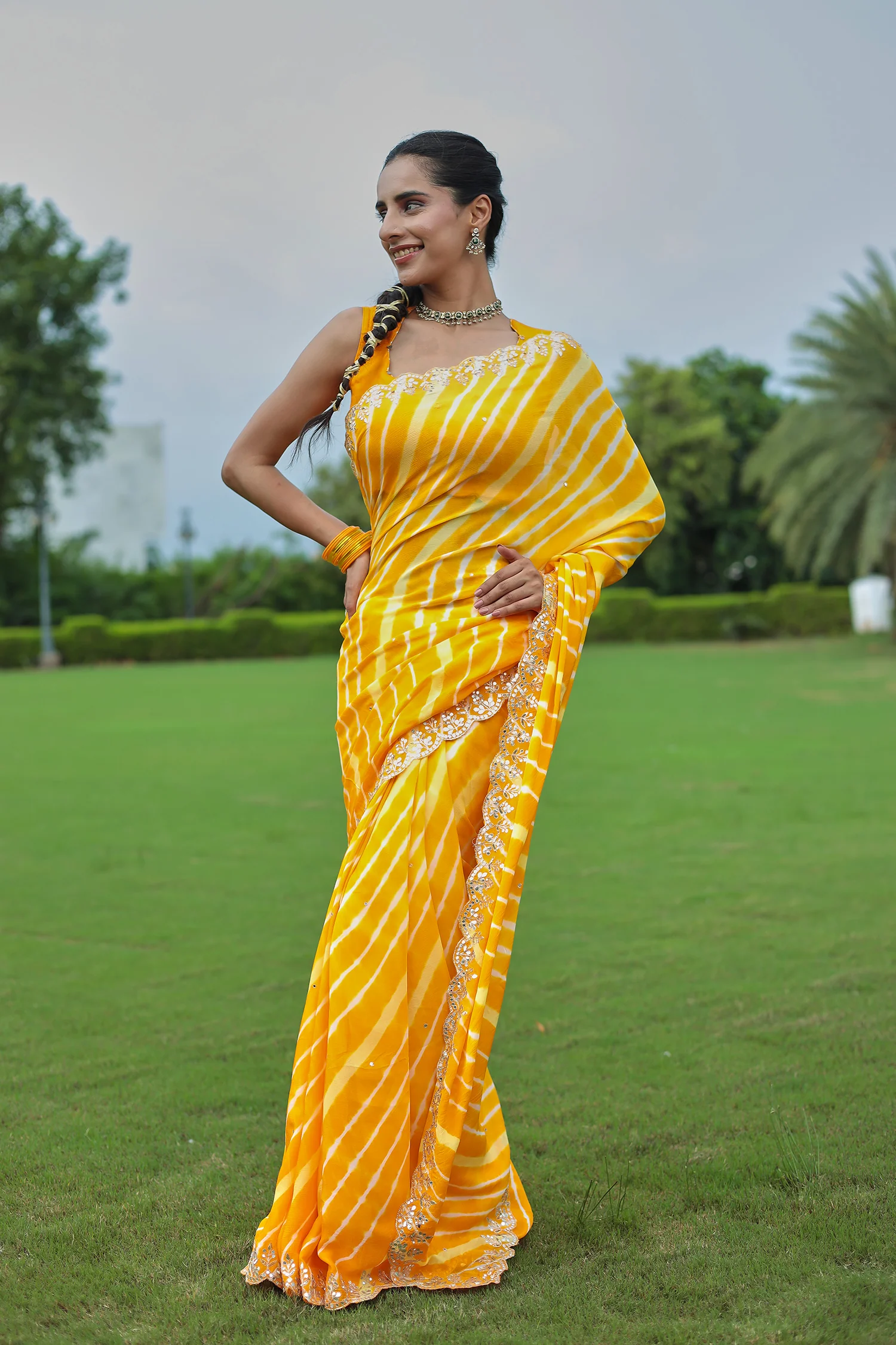 Leheriya Silk Saree with Timeless Aari and Gota Patti Embroidery - Image 26