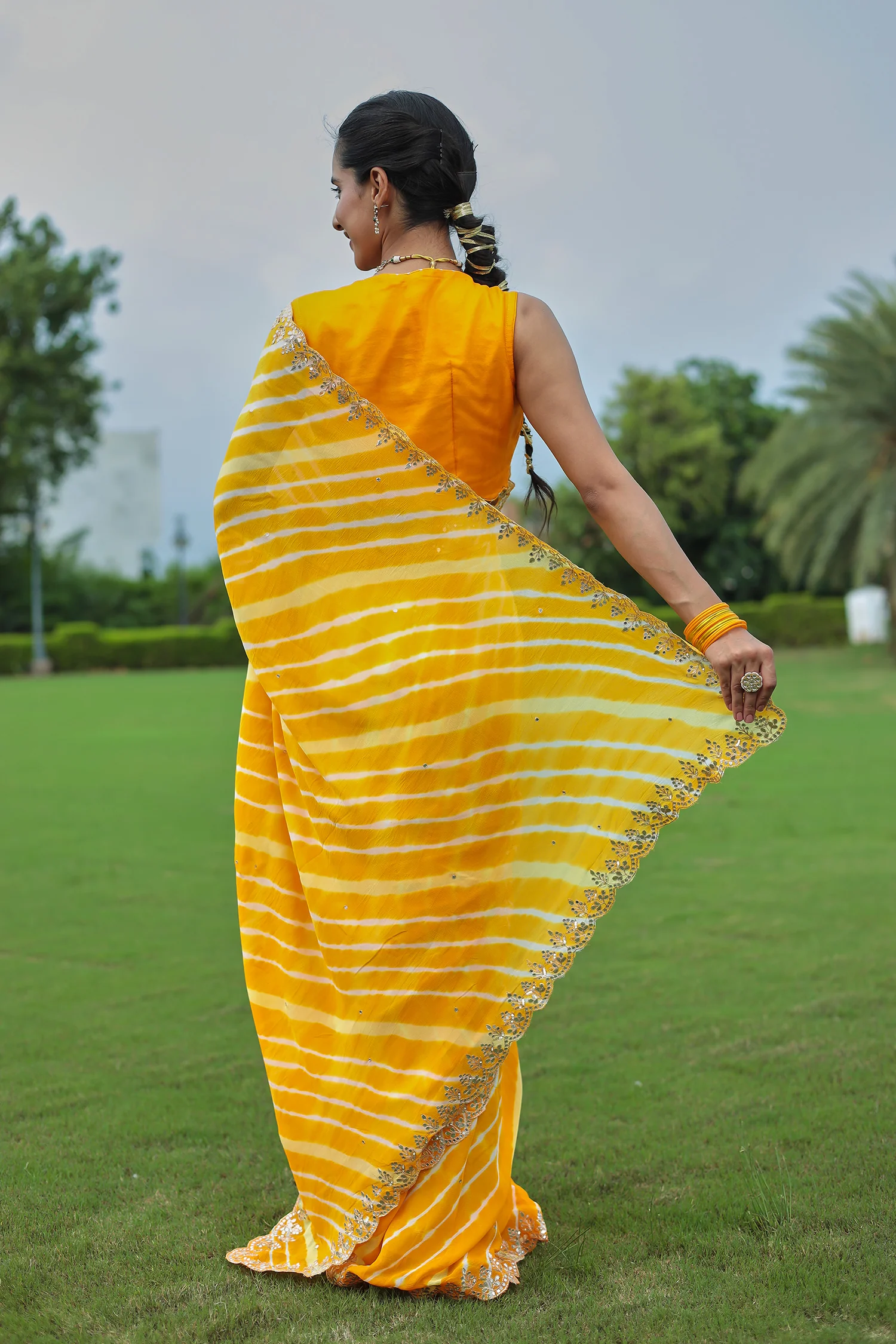 Leheriya Silk Saree with Timeless Aari and Gota Patti Embroidery - Image 27