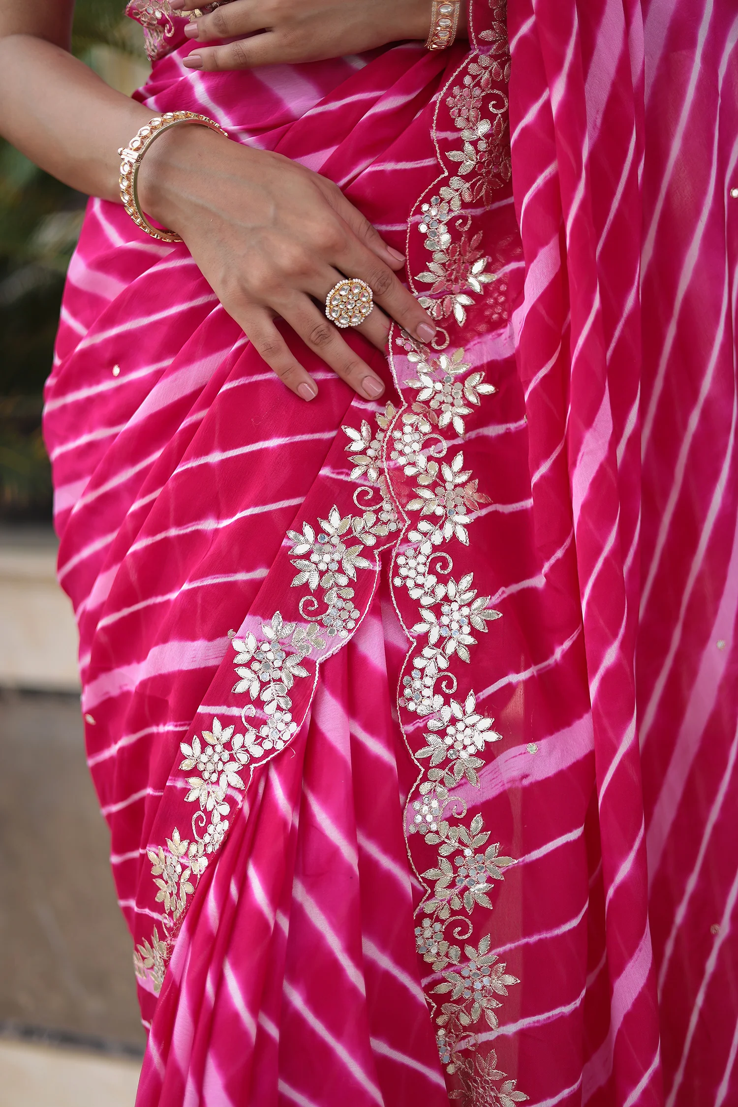 Leheriya Silk Saree with Timeless Aari and Gota Patti Embroidery - Image 4