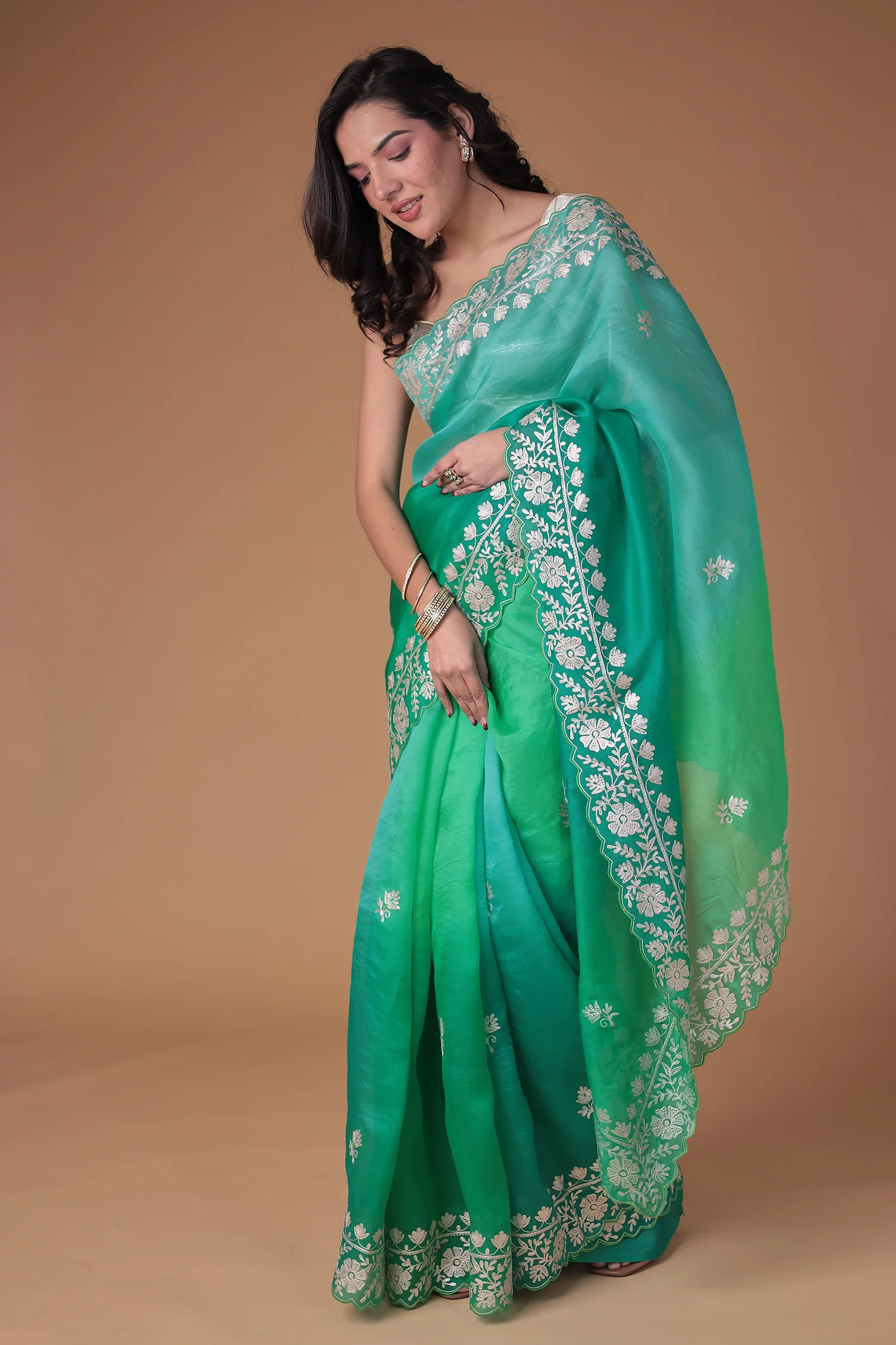 Organza Saree Embroidered with Pittan work - Image 12