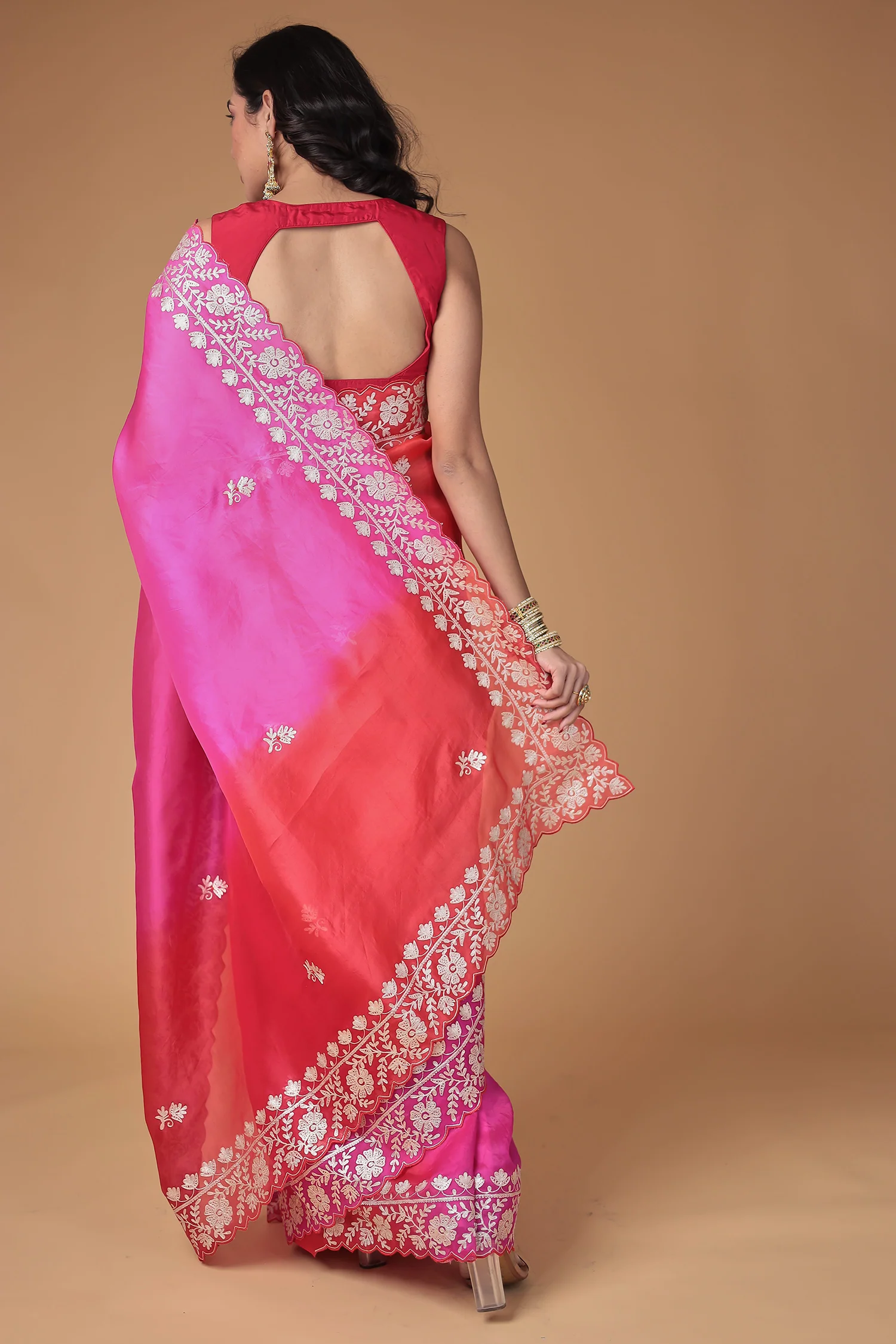 Organza Saree Embroidered with Pittan work - Image 6