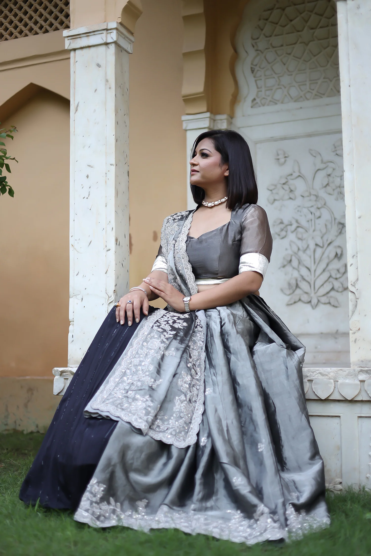 Embroidered Silk Saree with Pearl and Zardozi work - Image 5