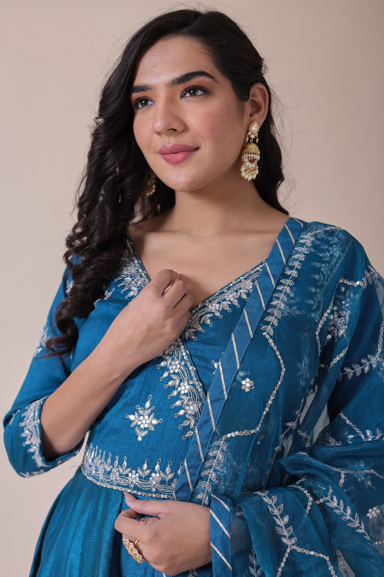 Anarkali Silk Suit with Embroidered Dupatta - Image 2