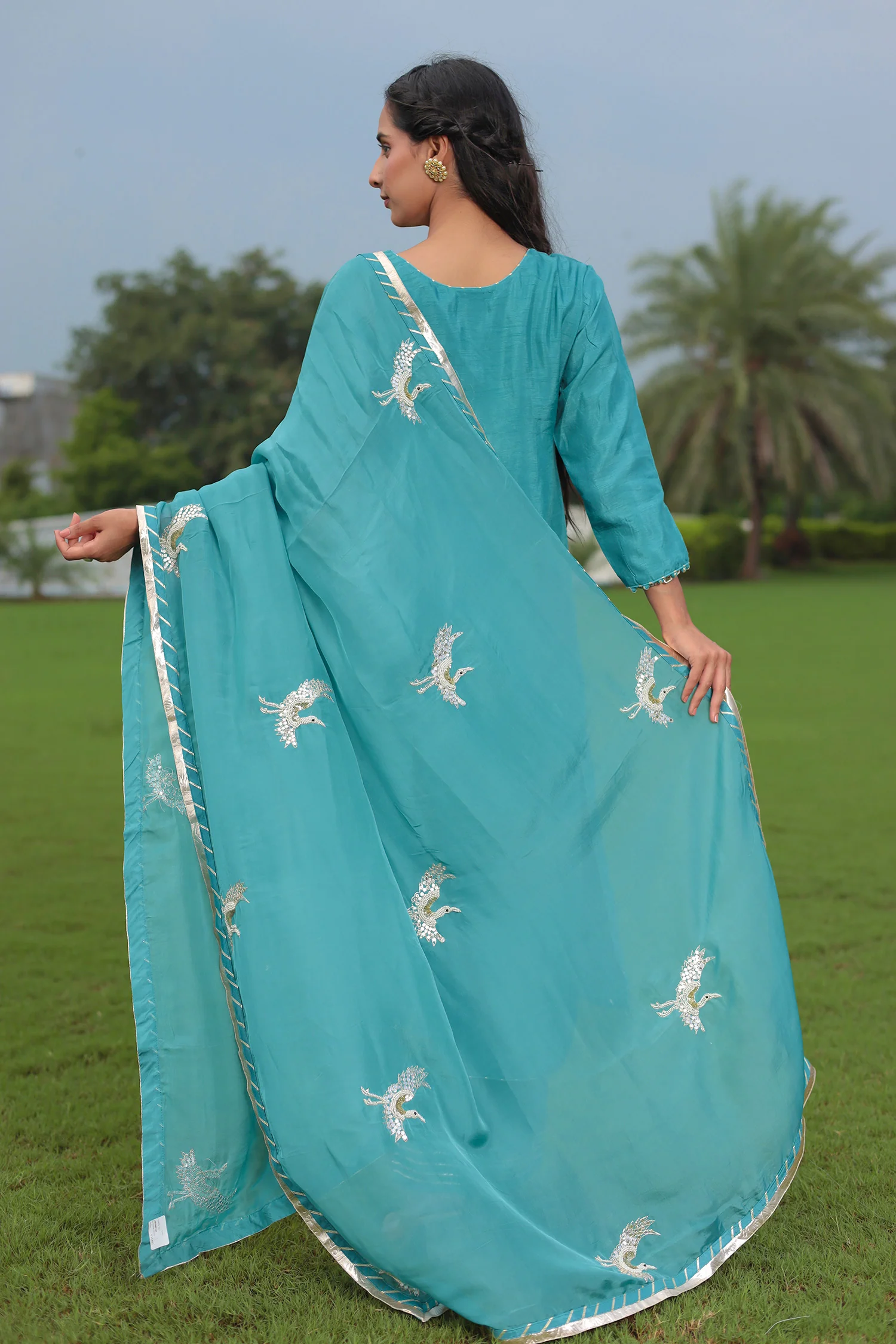 Festive Silk Suit Enhanced with Aari, Gota, Pearl & Sequins Embellishment - Image 13