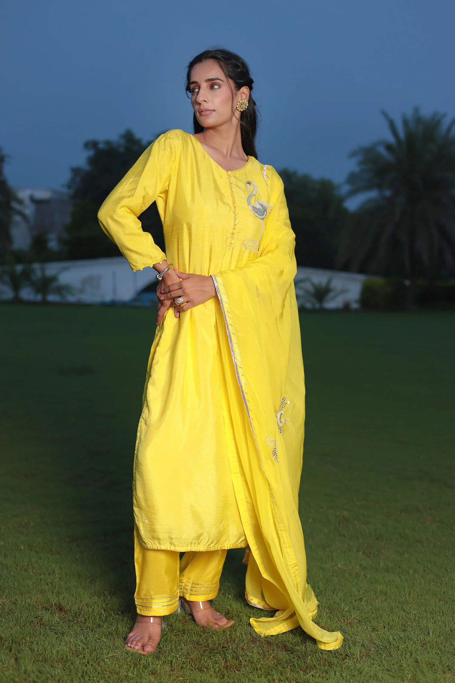 Festive Silk Suit Enhanced with Aari, Gota, Pearl & Sequins Embellishment - Image 3