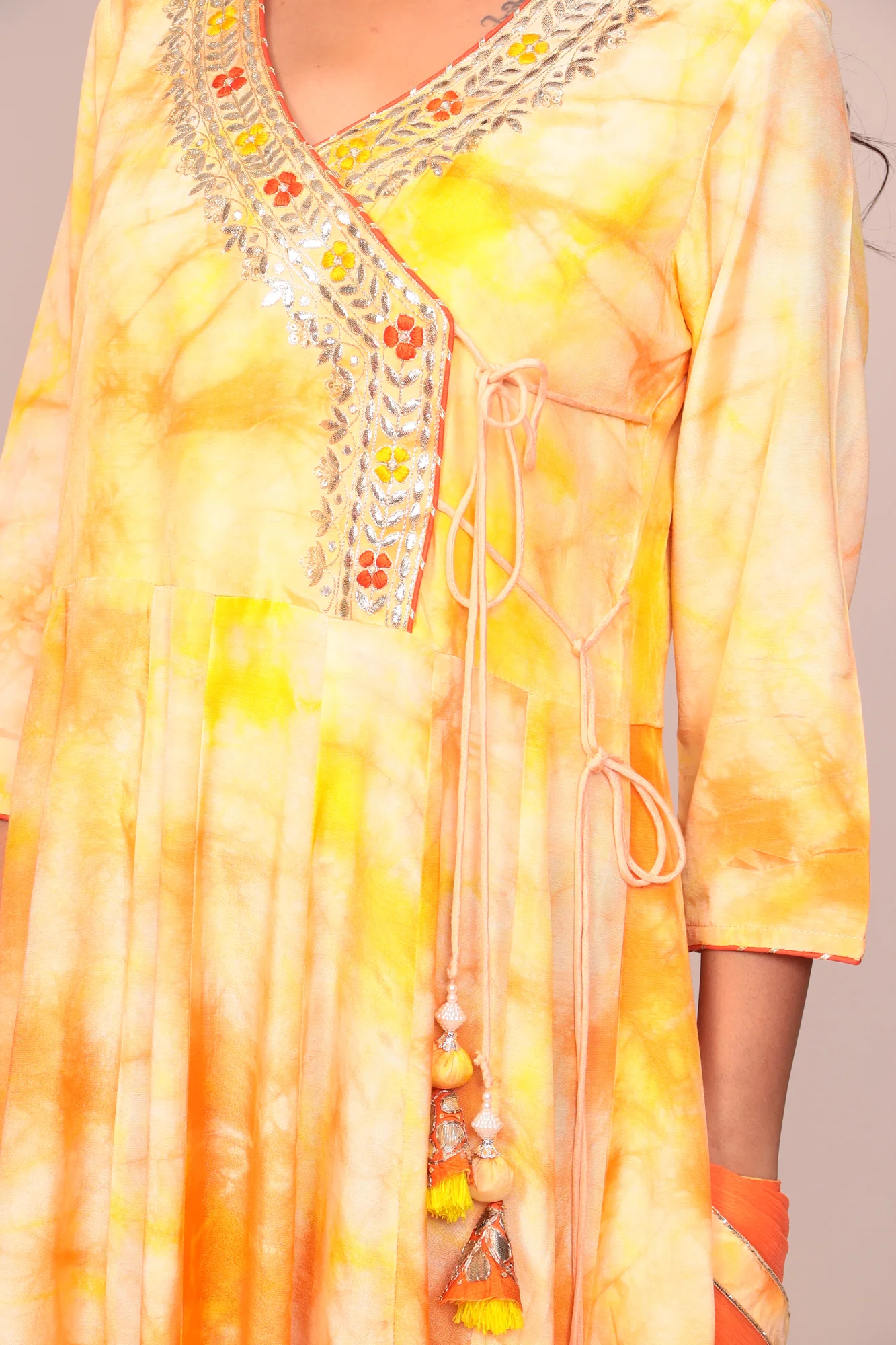 Tie & Dye Angrakha Style Silk Suit with Gota Patti and Thread Work. - Image 3
