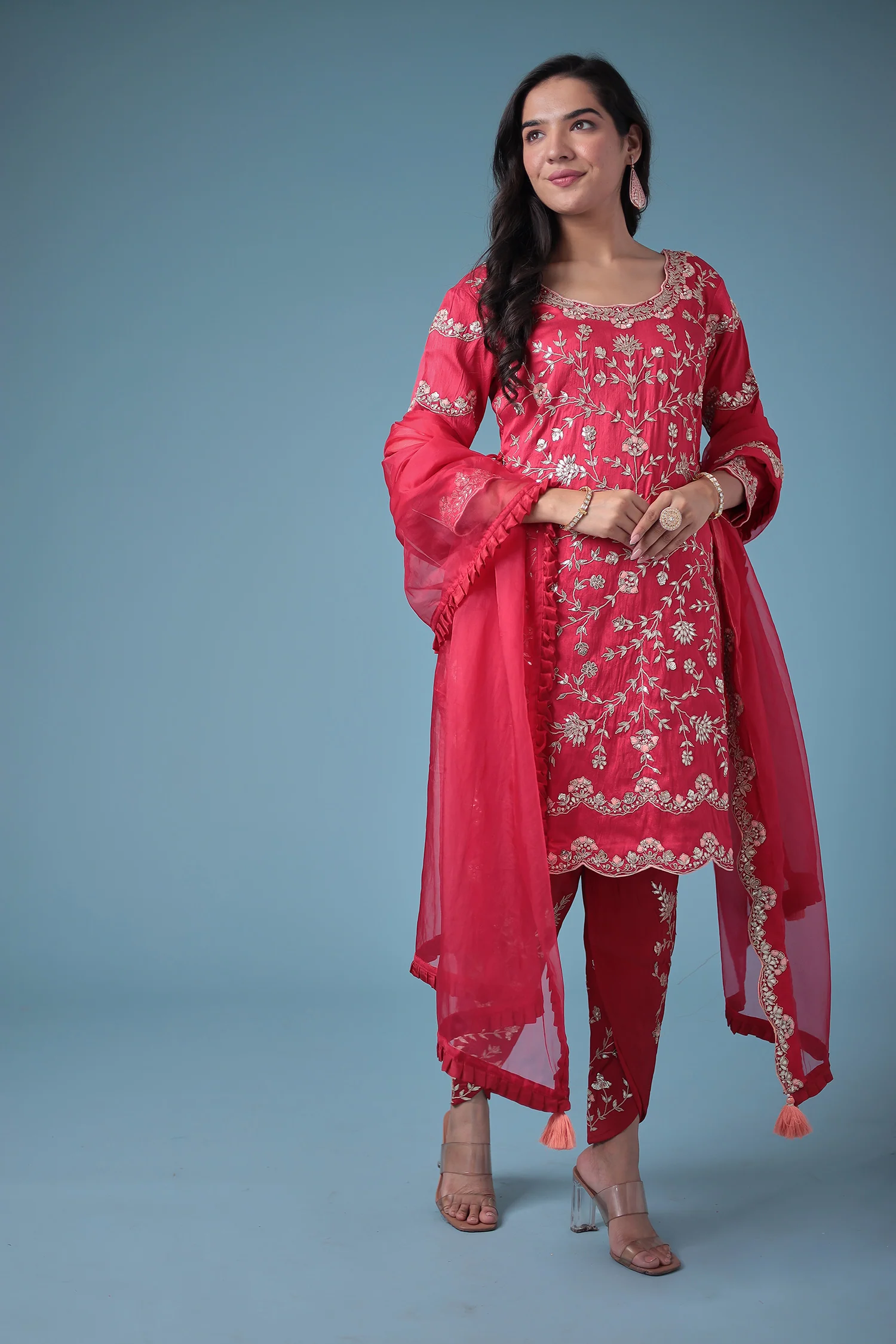 Embroidered Dhoti Style Silk Suit with Gota Patti work - Image 12