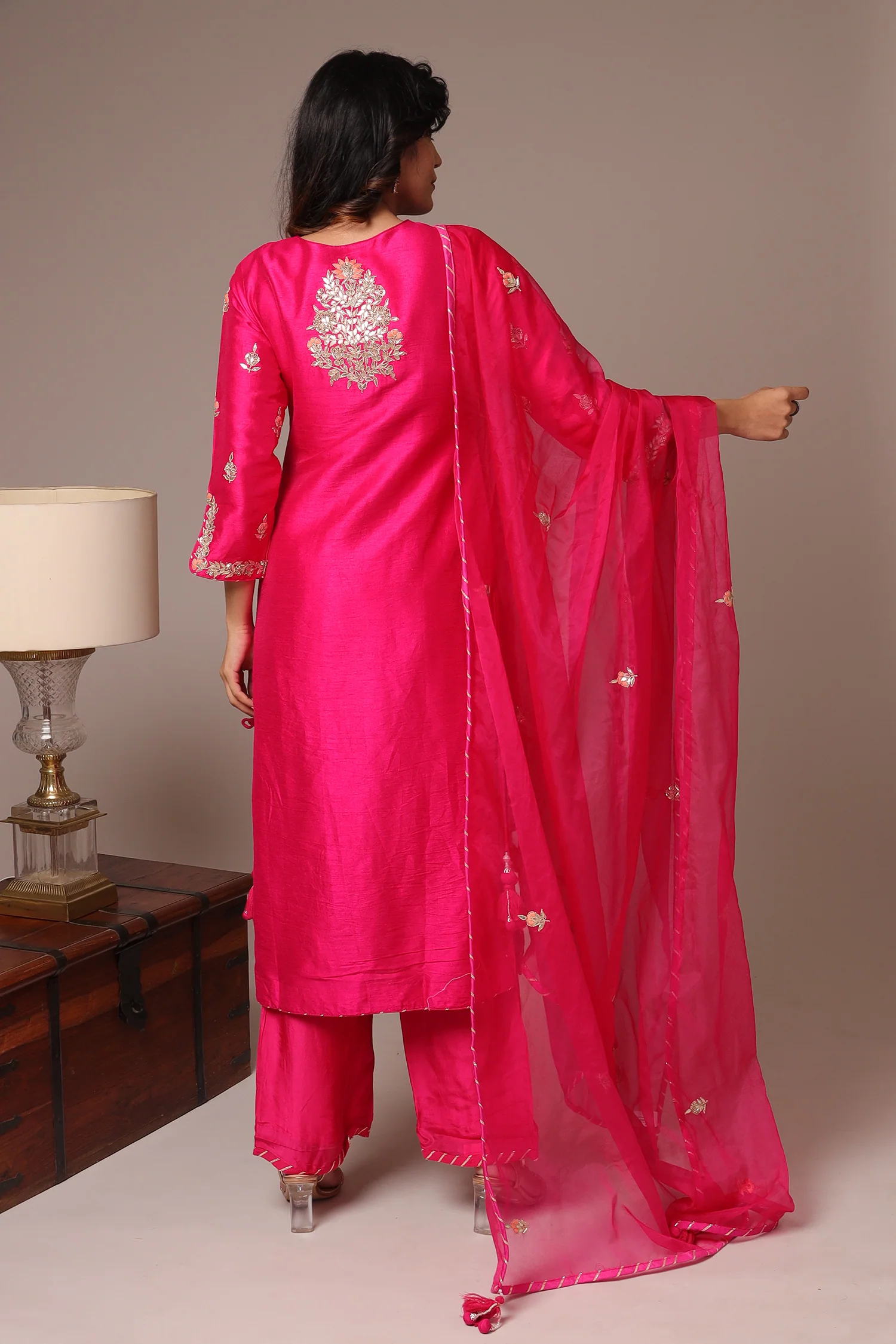 Embroidered Straight Silk Suit with Gota Patti work. - Image 17