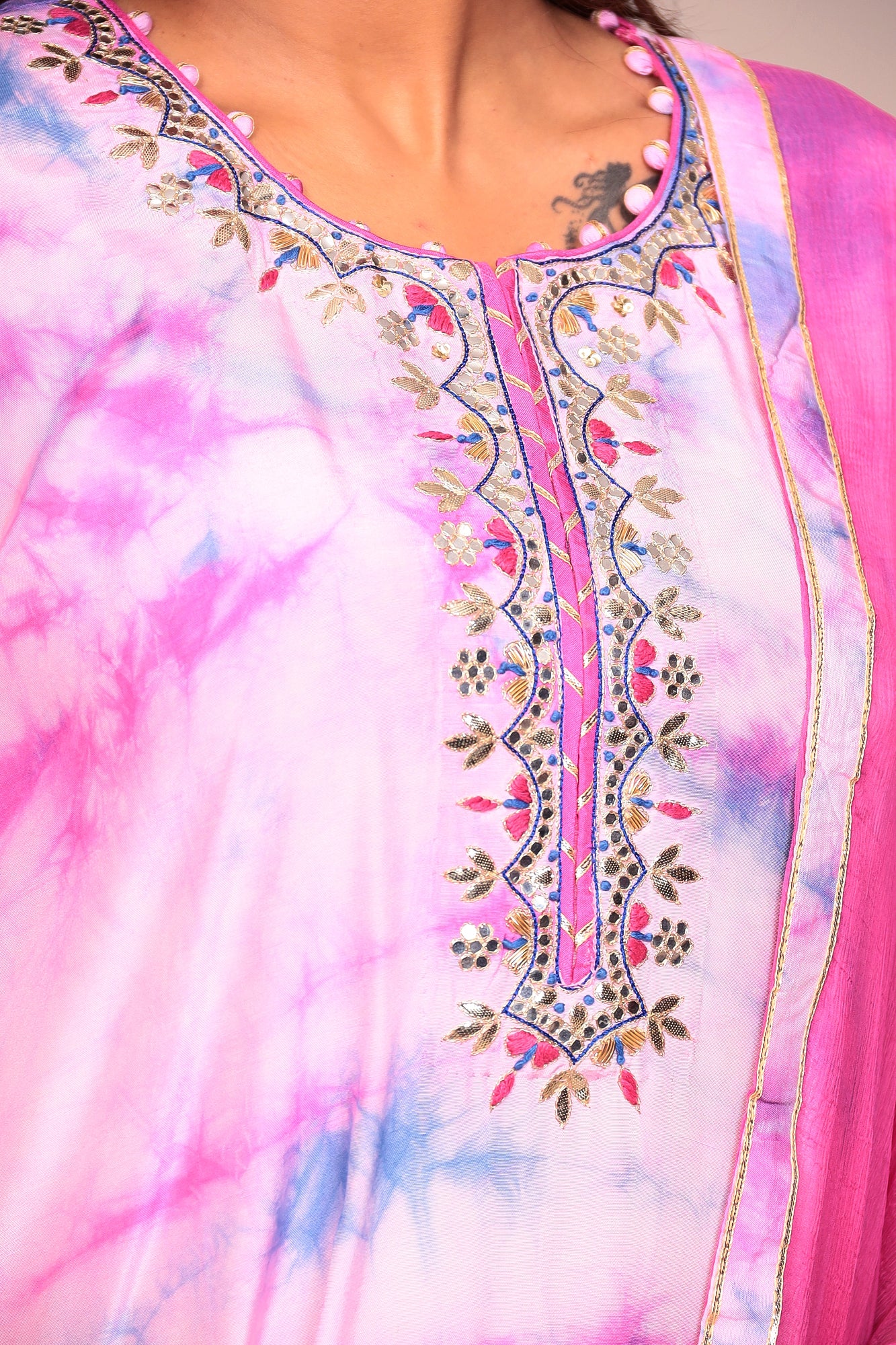 Assymetrical Cut Tie & Dye Silk Kurta Stitched (3Pc) with Gota Patti and Thread Work - Image 2