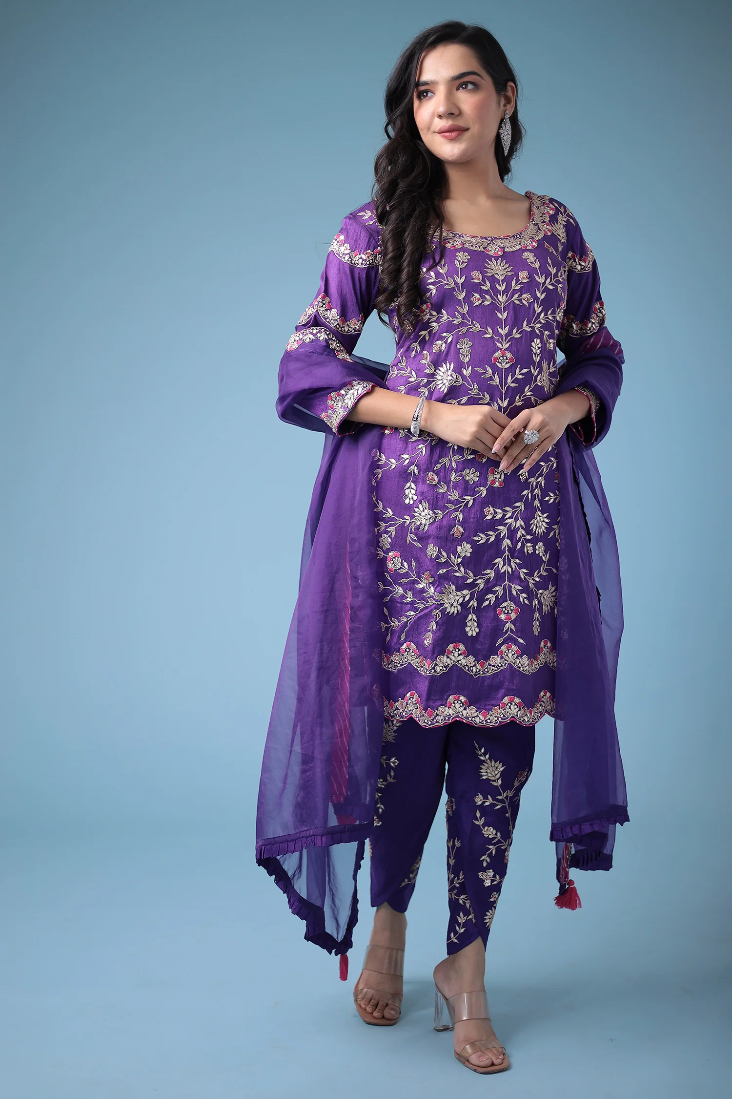 Embroidered Dhoti Style Silk Suit with Gota Patti work - Image 10