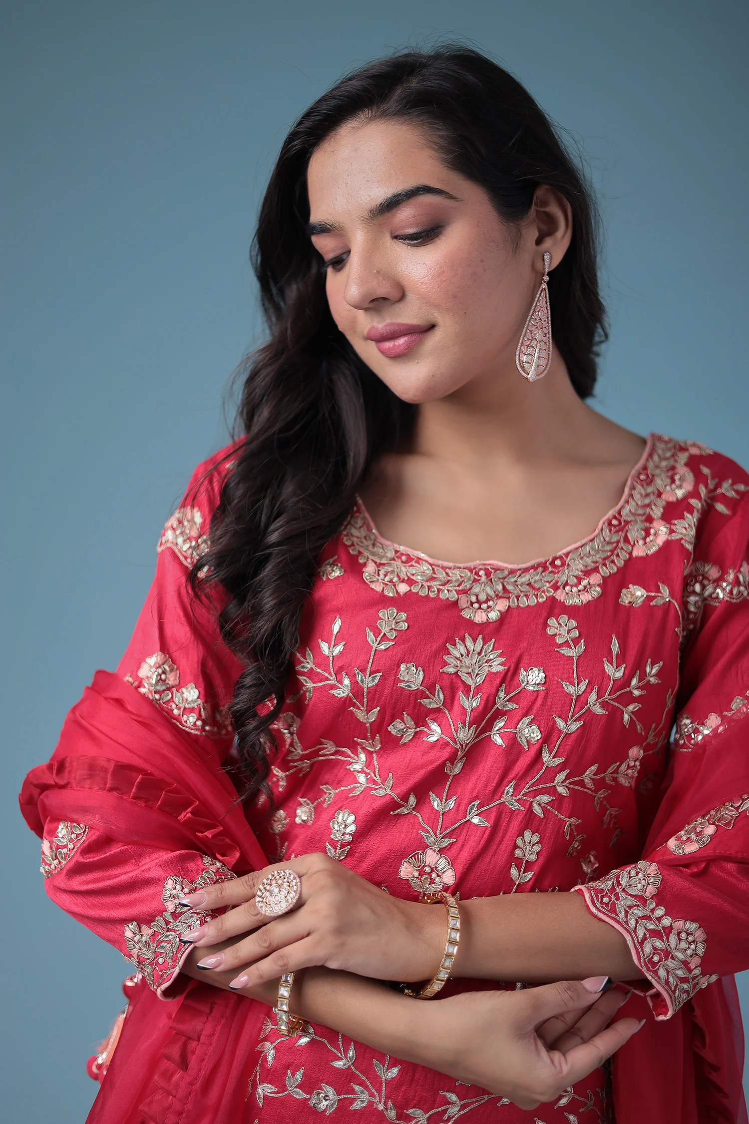 Embroidered Dhoti Style Silk Suit with Gota Patti work - Image 17