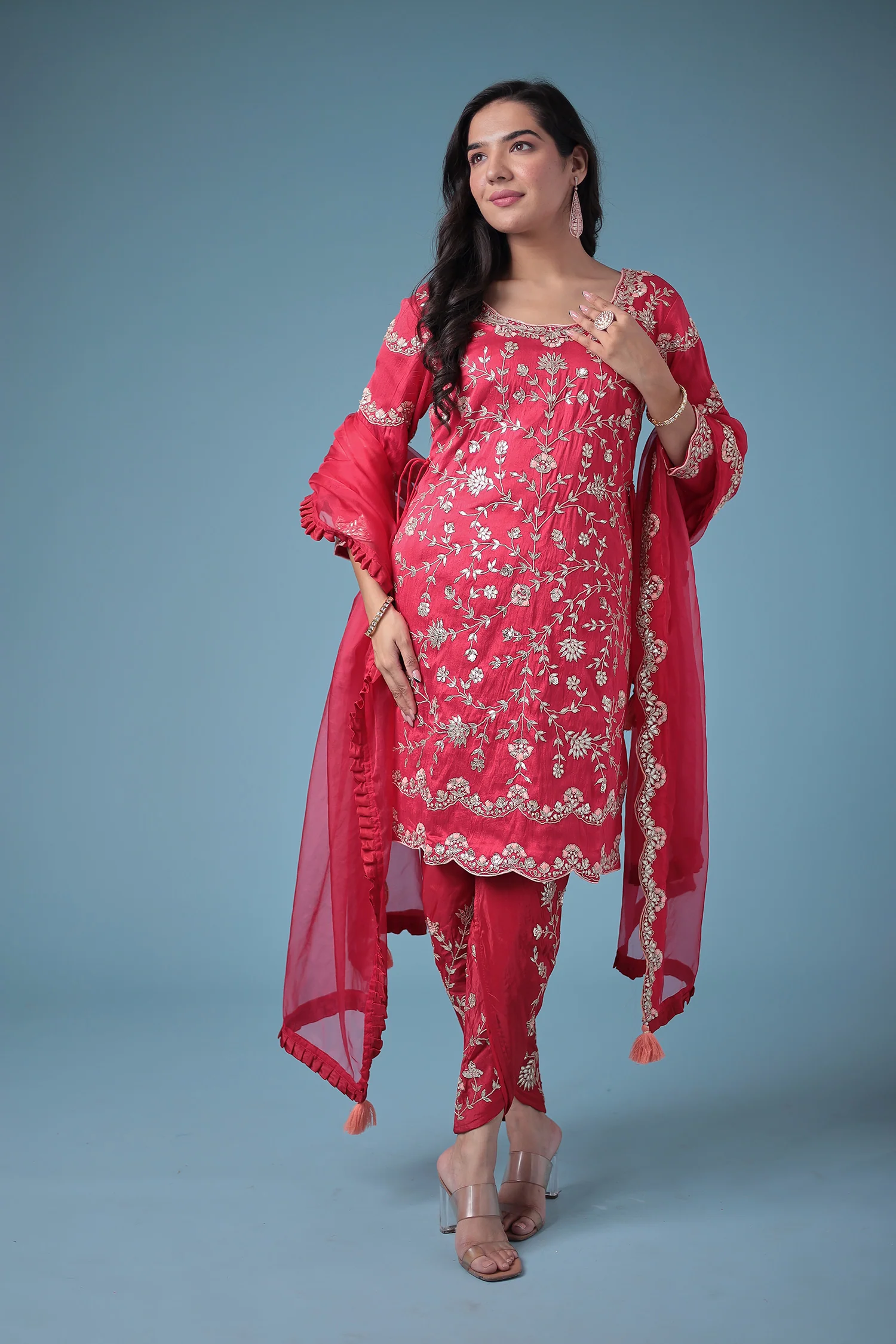 Embroidered Dhoti Style Silk Suit with Gota Patti work - Image 18