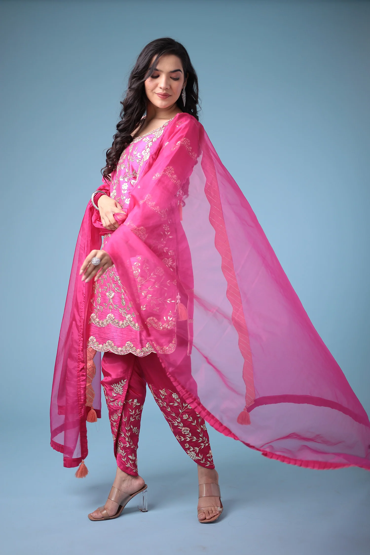 Embroidered Dhoti Style Silk Suit with Gota Patti work - Image 3