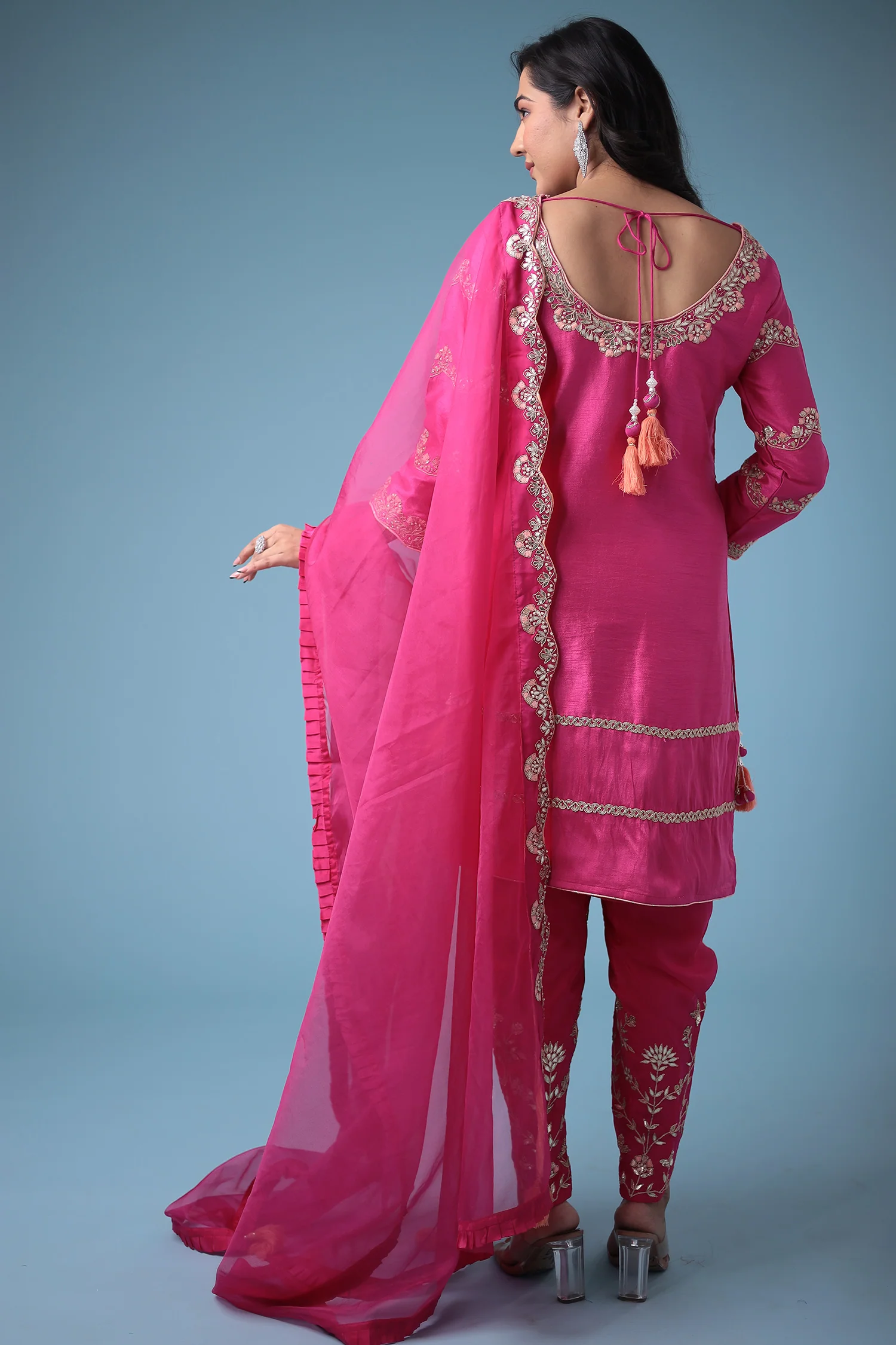 Embroidered Dhoti Style Silk Suit with Gota Patti work - Image 4