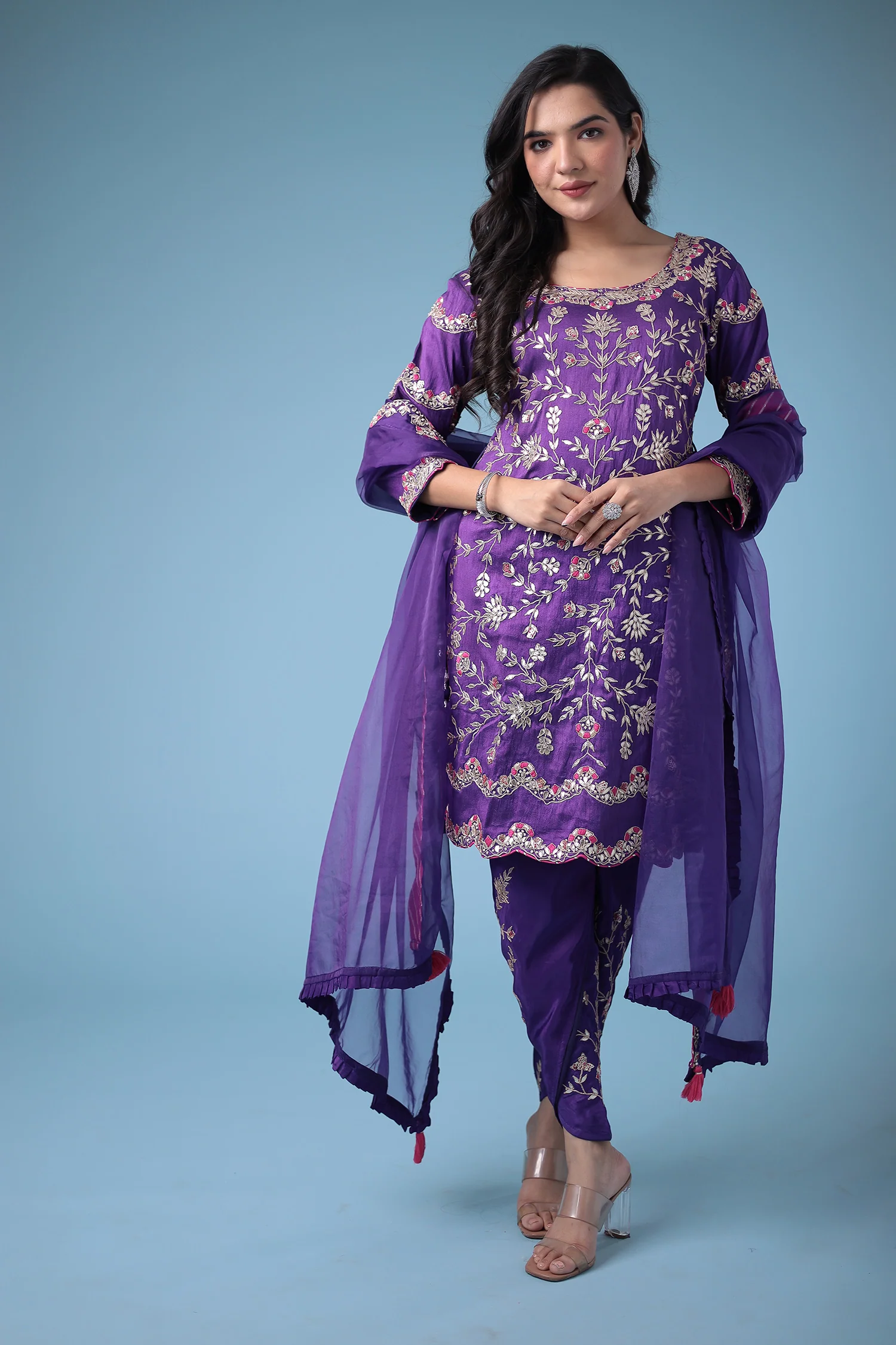 Embroidered Dhoti Style Silk Suit with Gota Patti work - Image 8