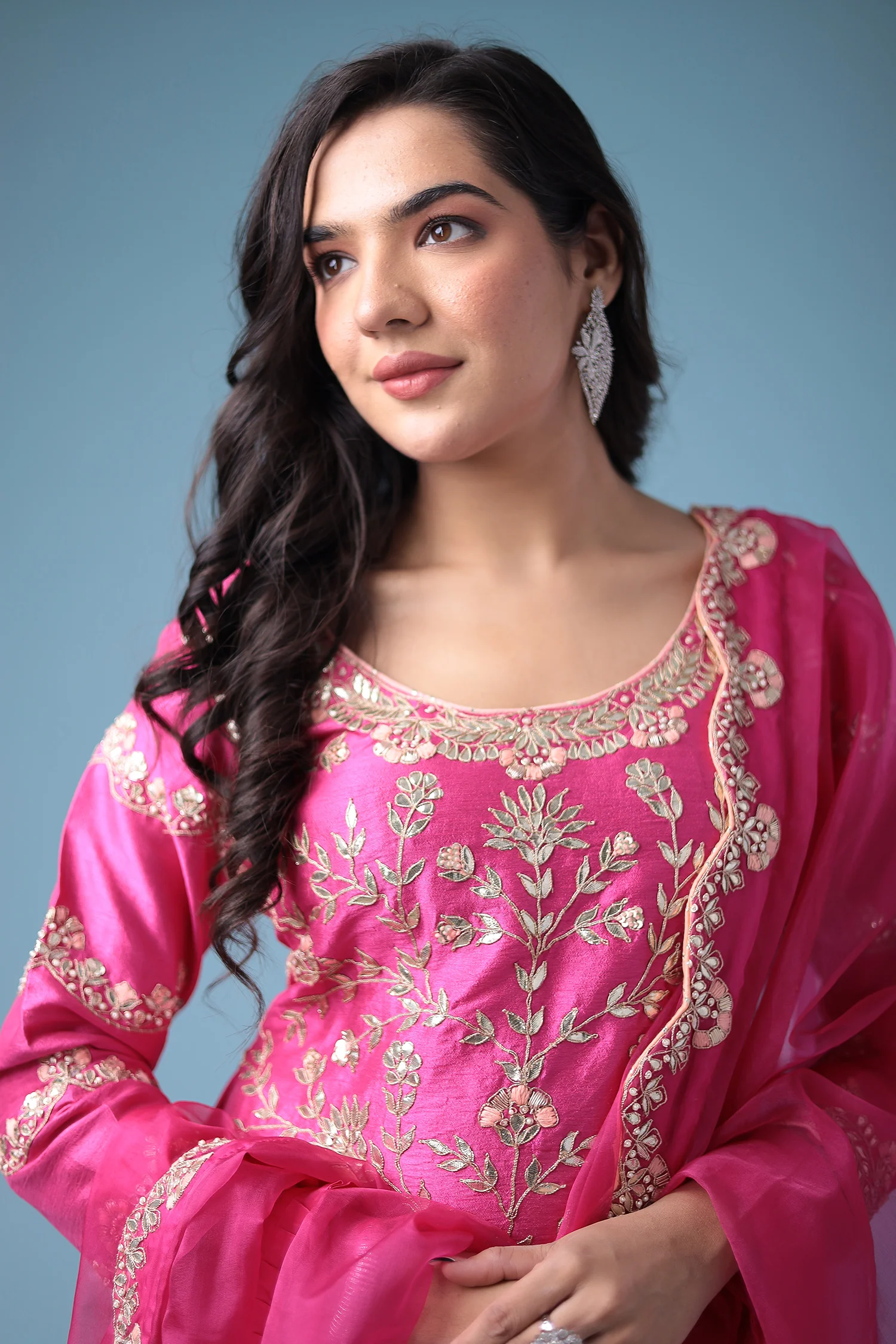 Embroidered Dhoti Style Silk Suit with Gota Patti work - Image 10