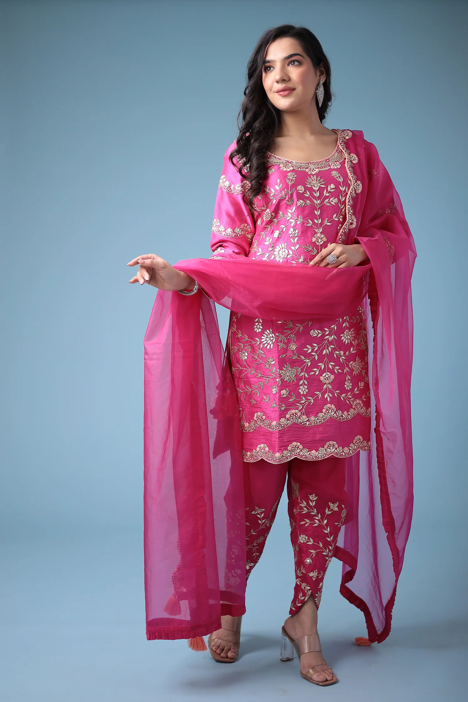 Embroidered Dhoti Style Silk Suit with Gota Patti work - Image 11