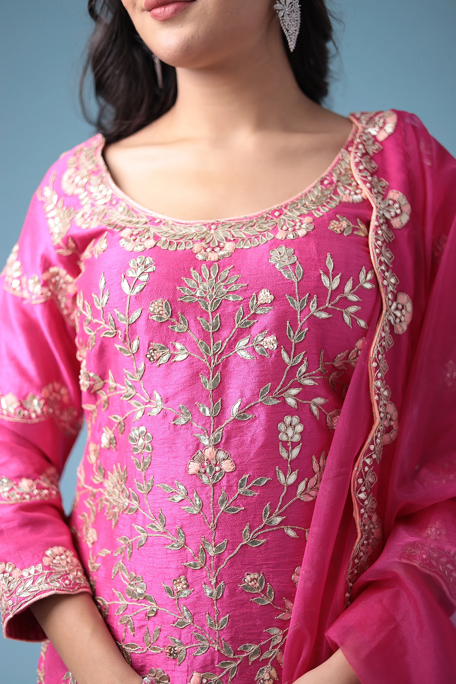 Embroidered Dhoti Style Silk Suit with Gota Patti work - Image 12