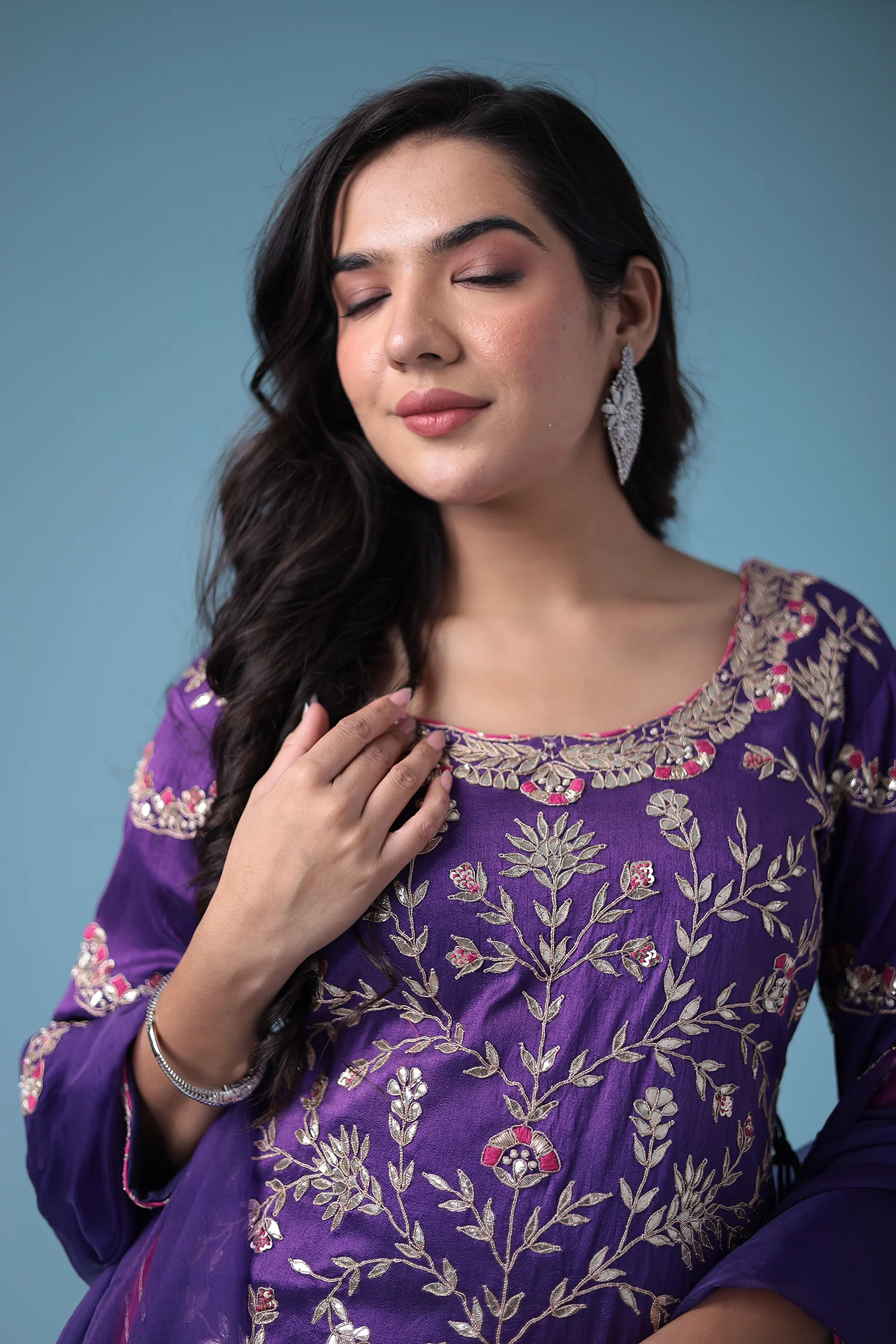 Embroidered Dhoti Style Silk Suit with Gota Patti work - Image 17