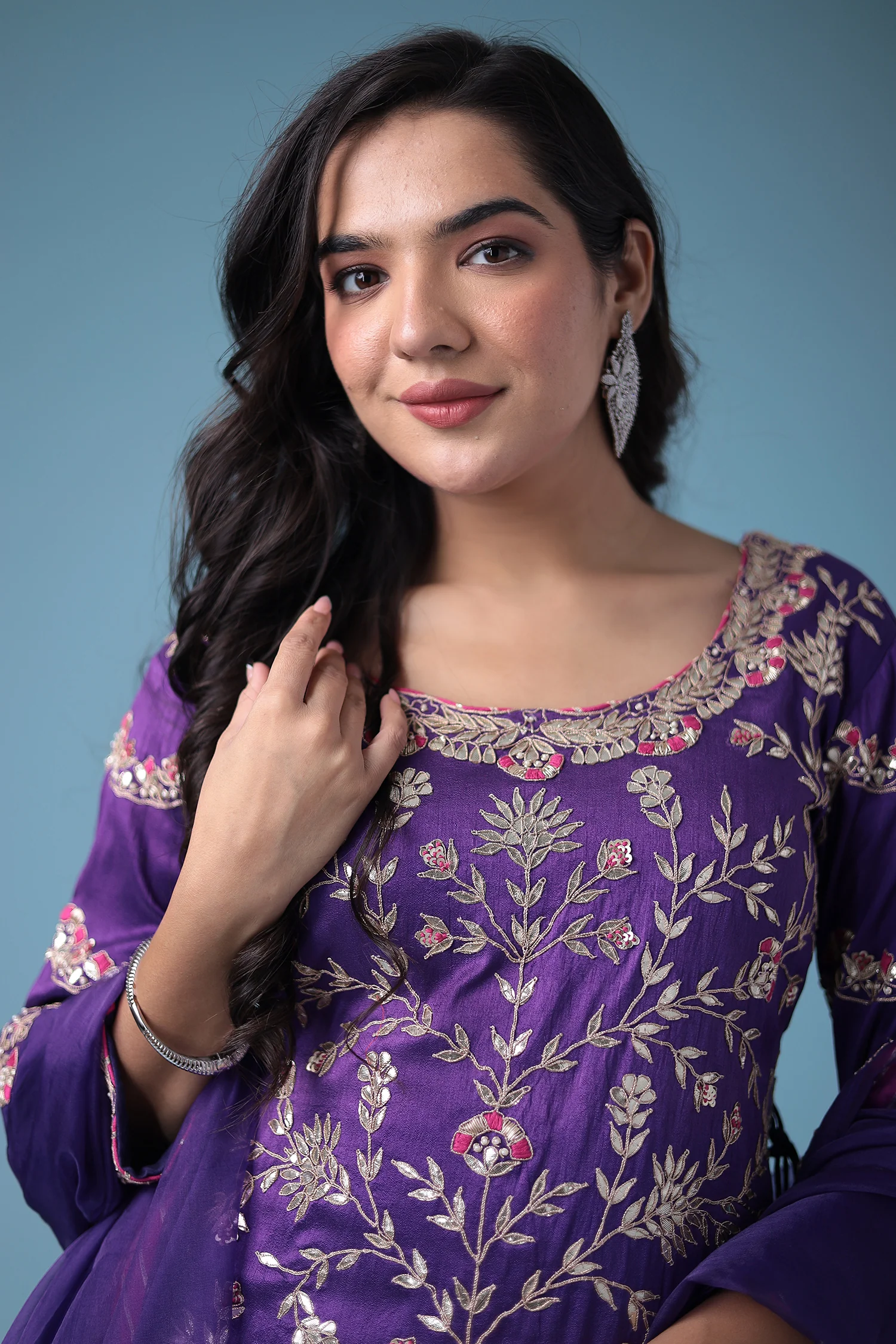 Embroidered Dhoti Style Silk Suit with Gota Patti work - Image 19