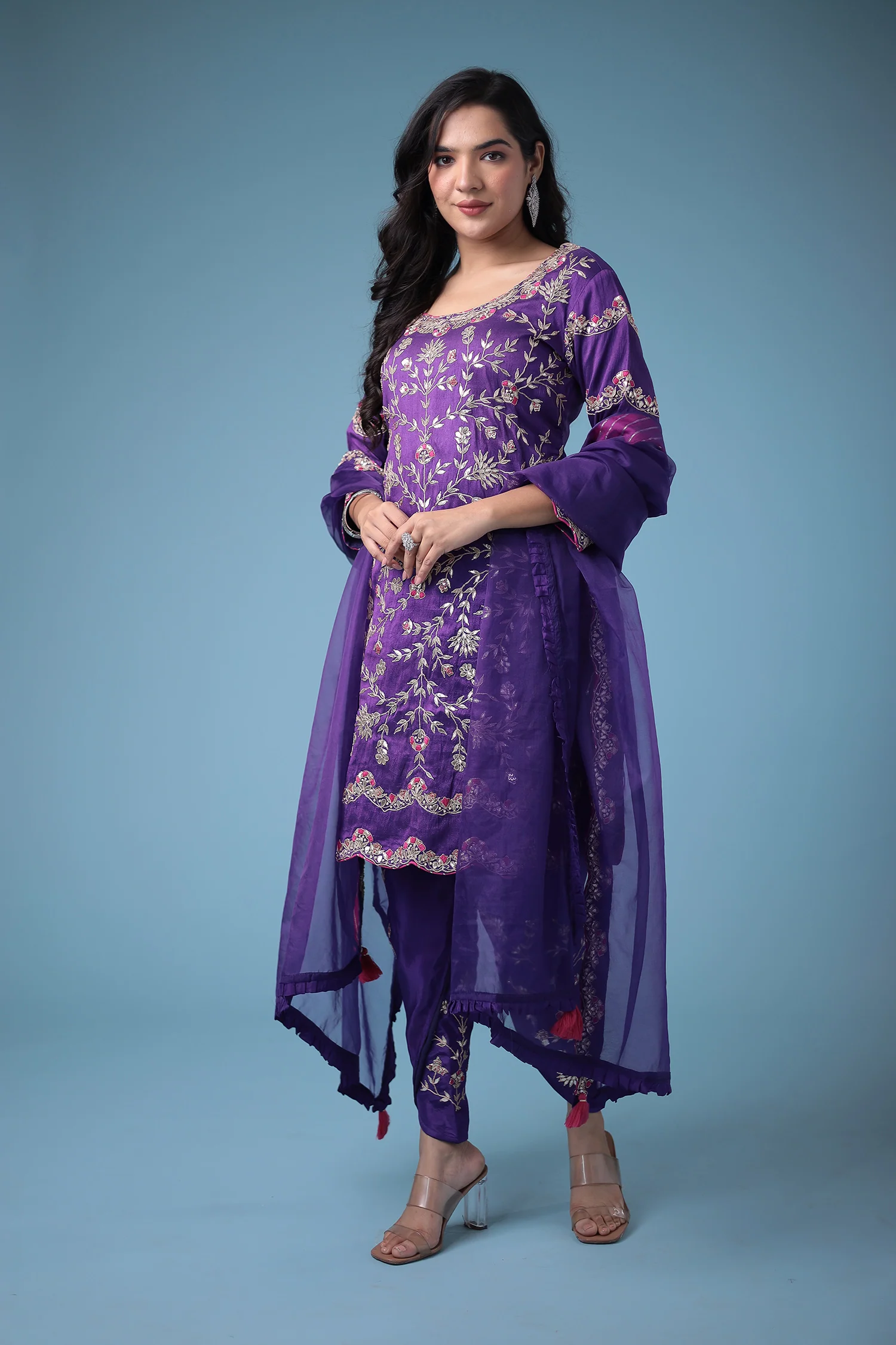 Embroidered Dhoti Style Silk Suit with Gota Patti work - Image 20