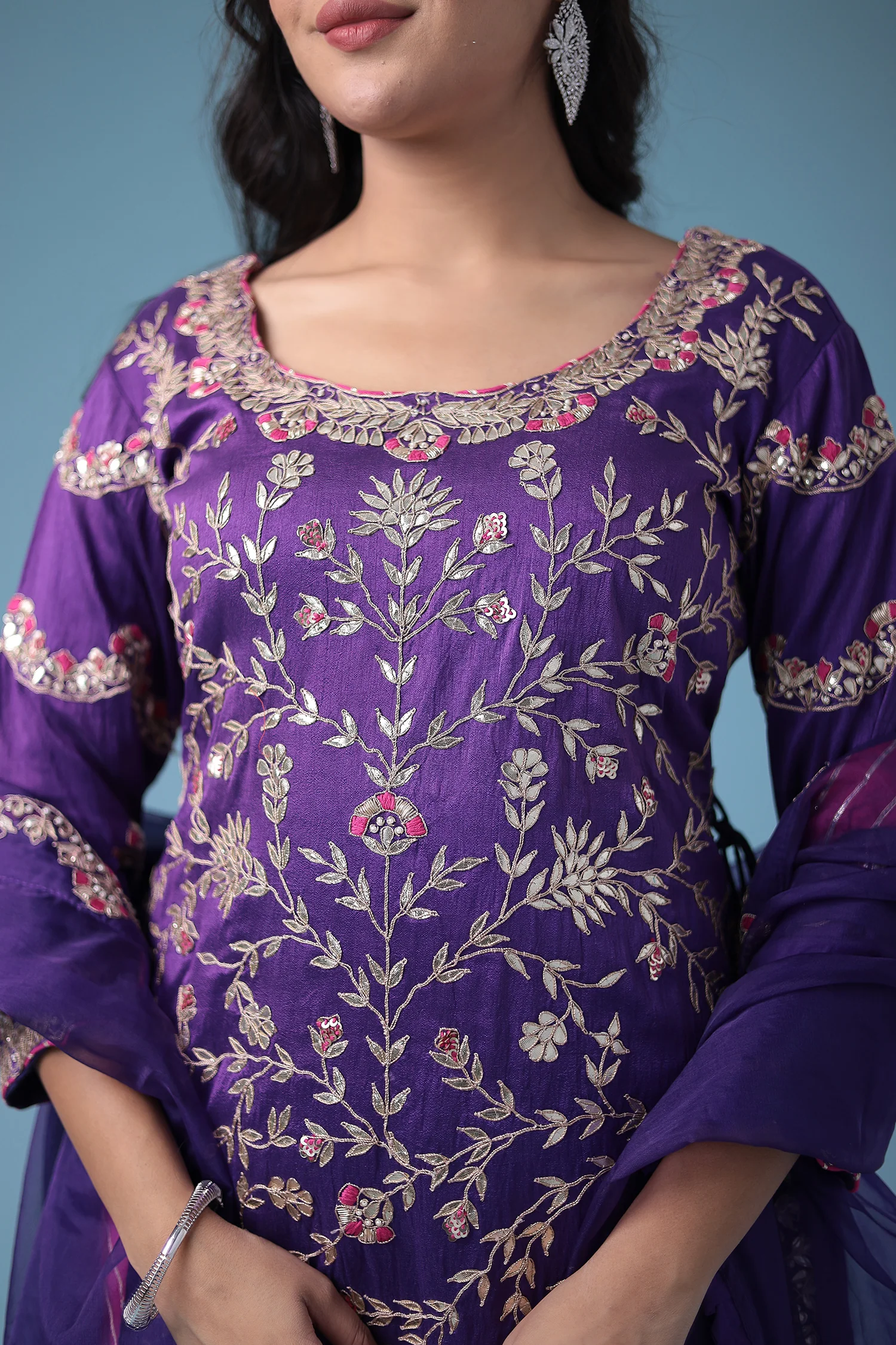Embroidered Dhoti Style Silk Suit with Gota Patti work - Image 21