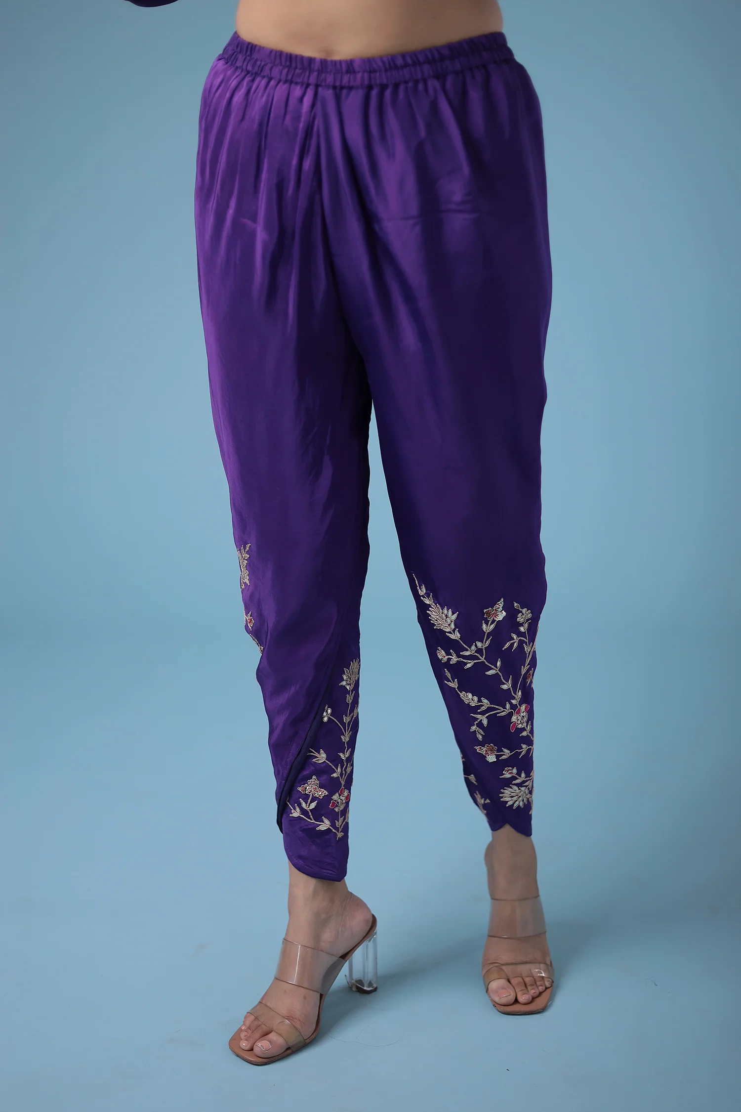 Embroidered Dhoti Style Silk Suit with Gota Patti work - Image 22
