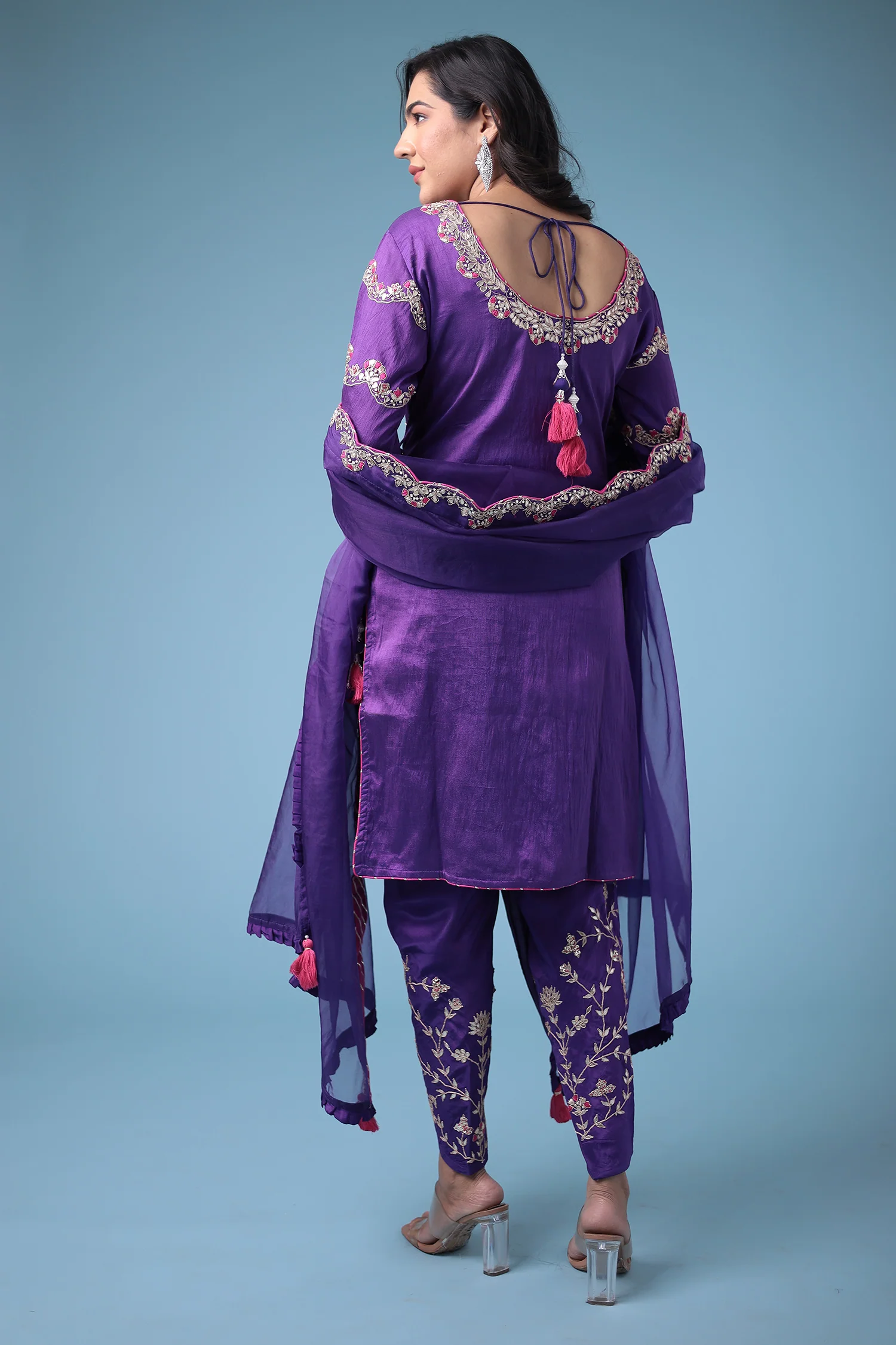Embroidered Dhoti Style Silk Suit with Gota Patti work - Image 23