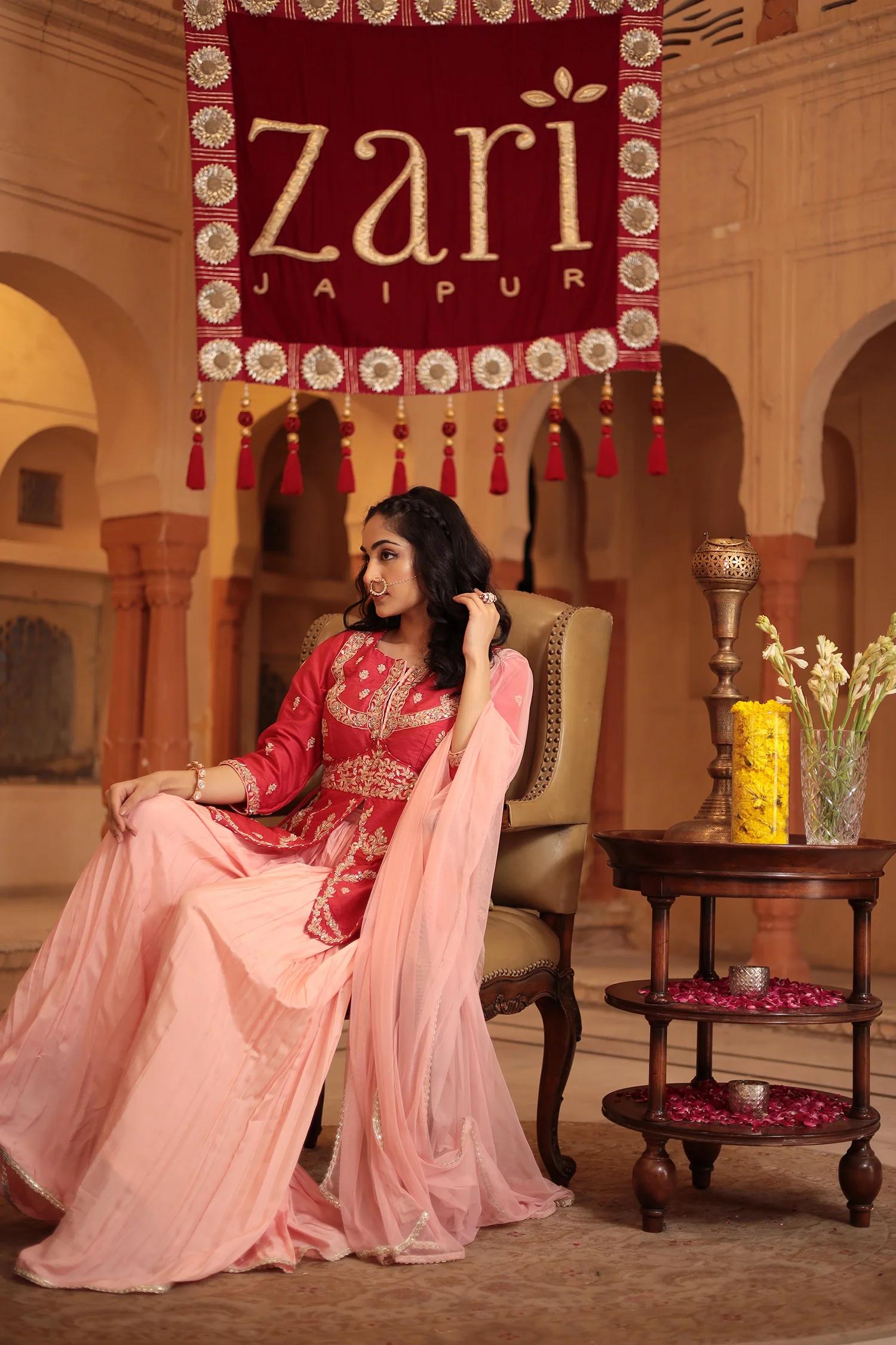 Silk Peplum Suit Embroidered with Gota Patti and Zardozi work - Image 4