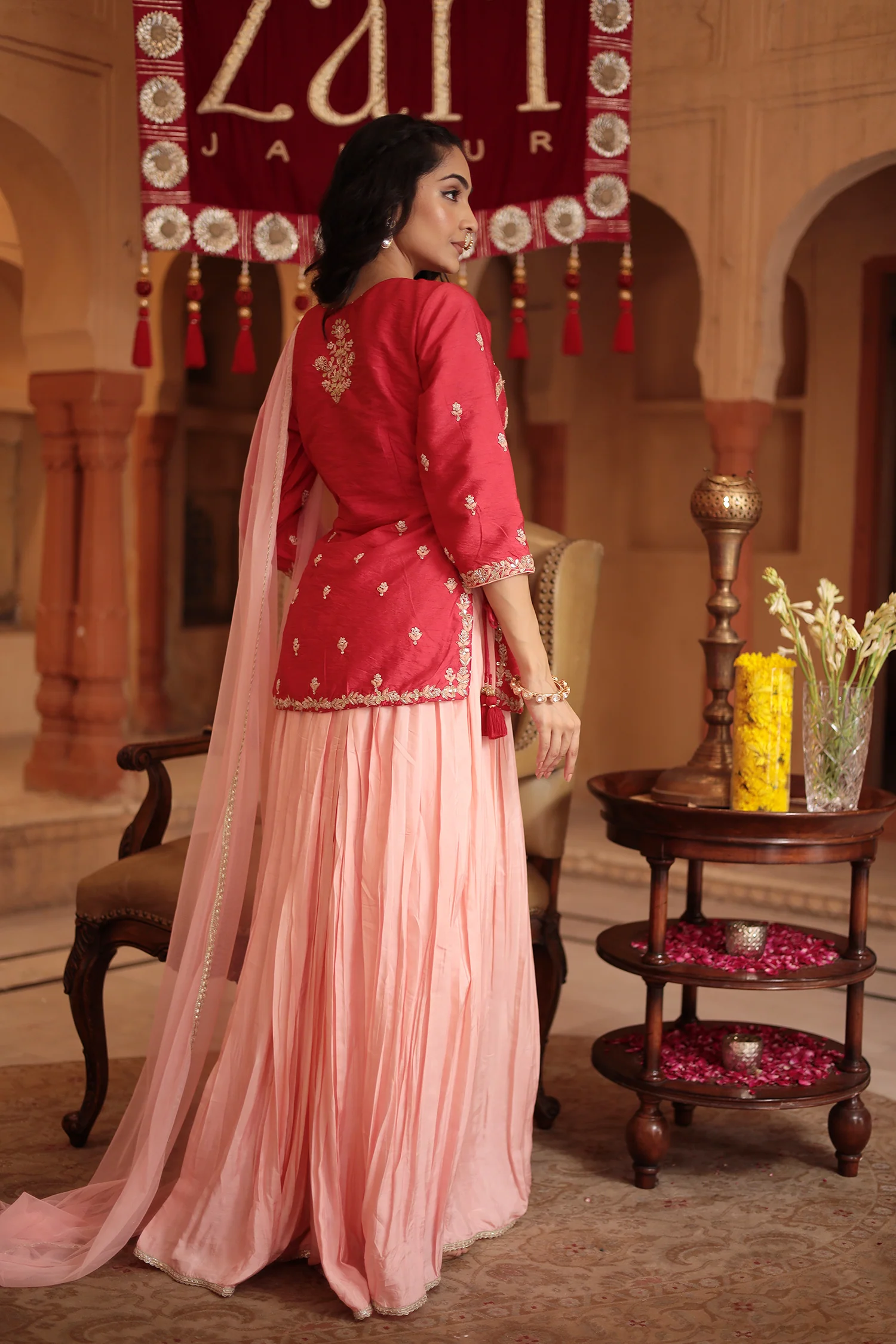 Silk Peplum Suit Embroidered with Gota Patti and Zardozi work - Image 5