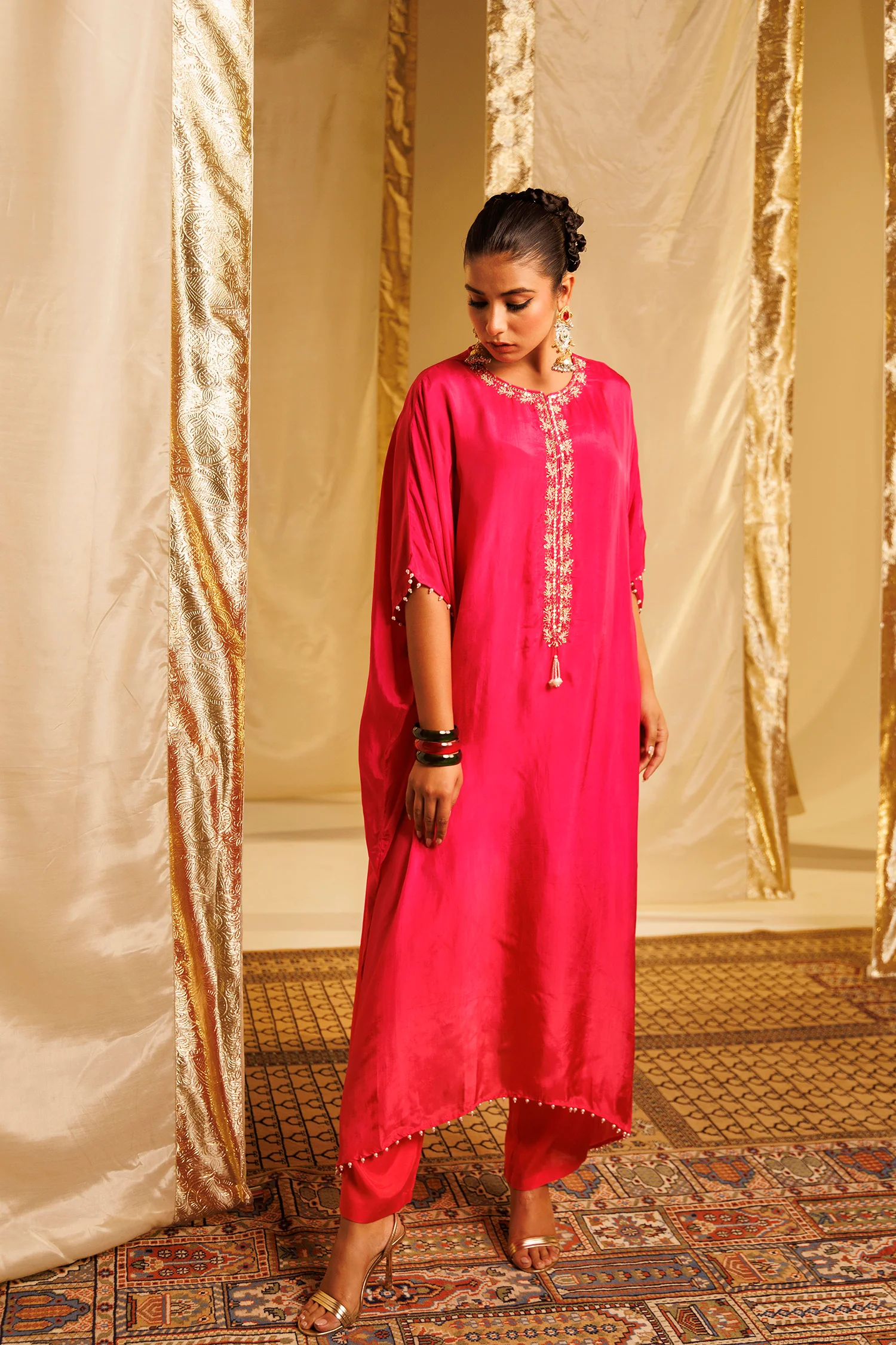 Silk Kaftan Suit with Pearl, Sequins and Thread work - Image 3