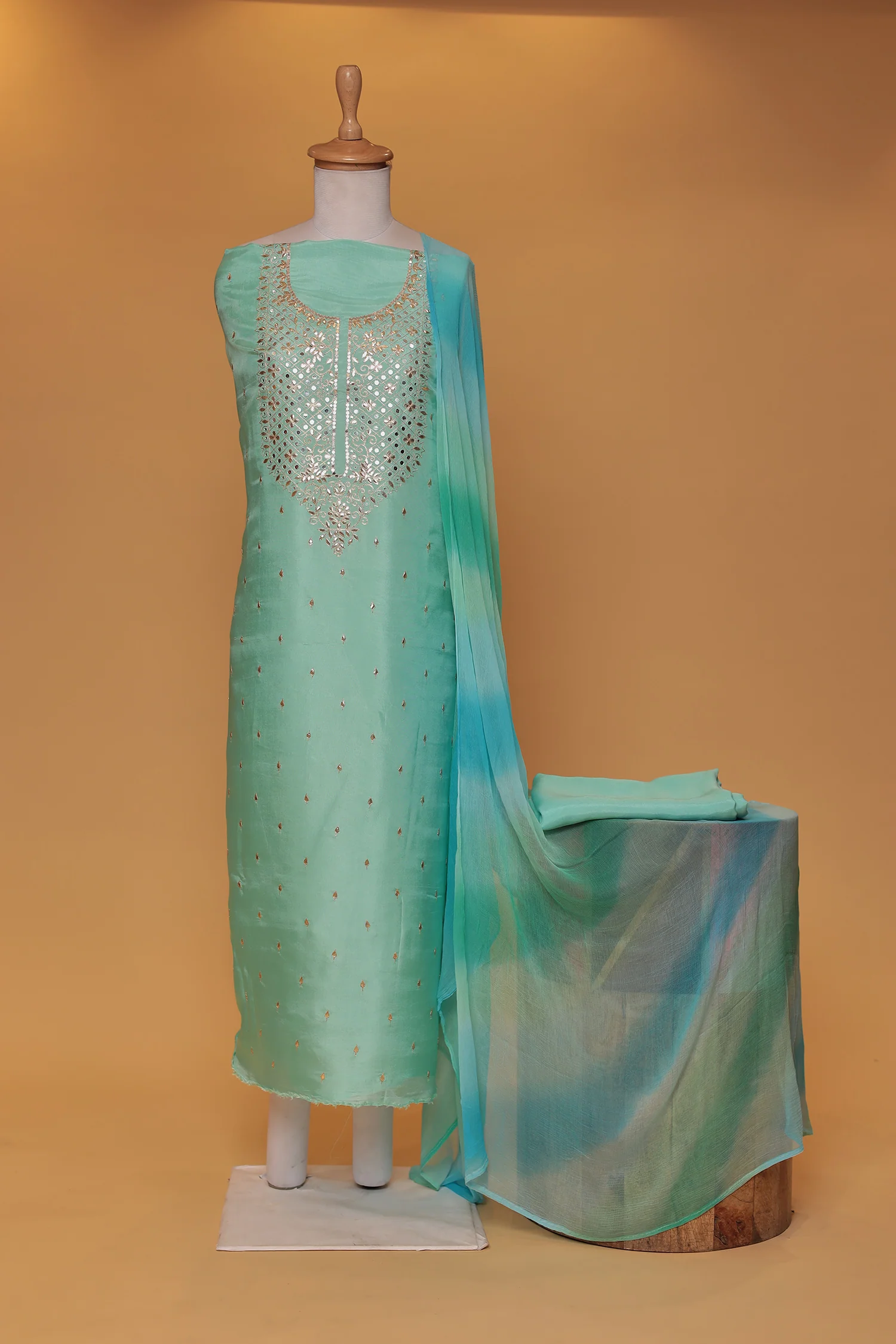 Silk Unstitched Suit with Aari and Gota Patti work