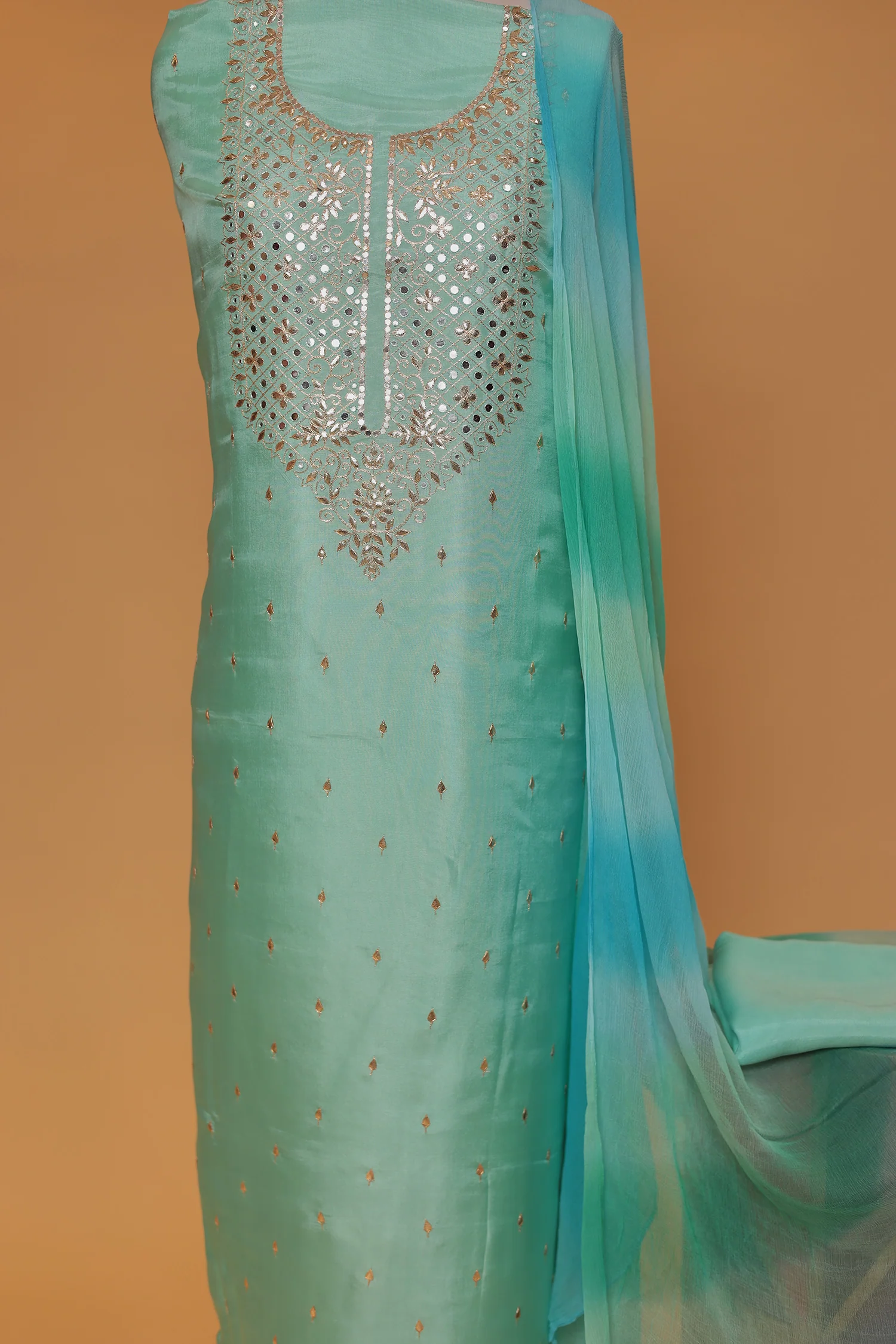 Silk Unstitched Suit with Aari and Gota Patti work - Image 2