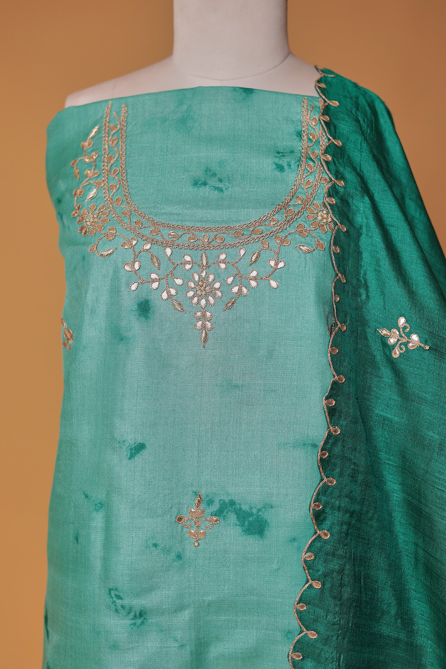 Tie & Dye Silk Unstitched Suit with Gota Patti and Zardozi work - Image 4