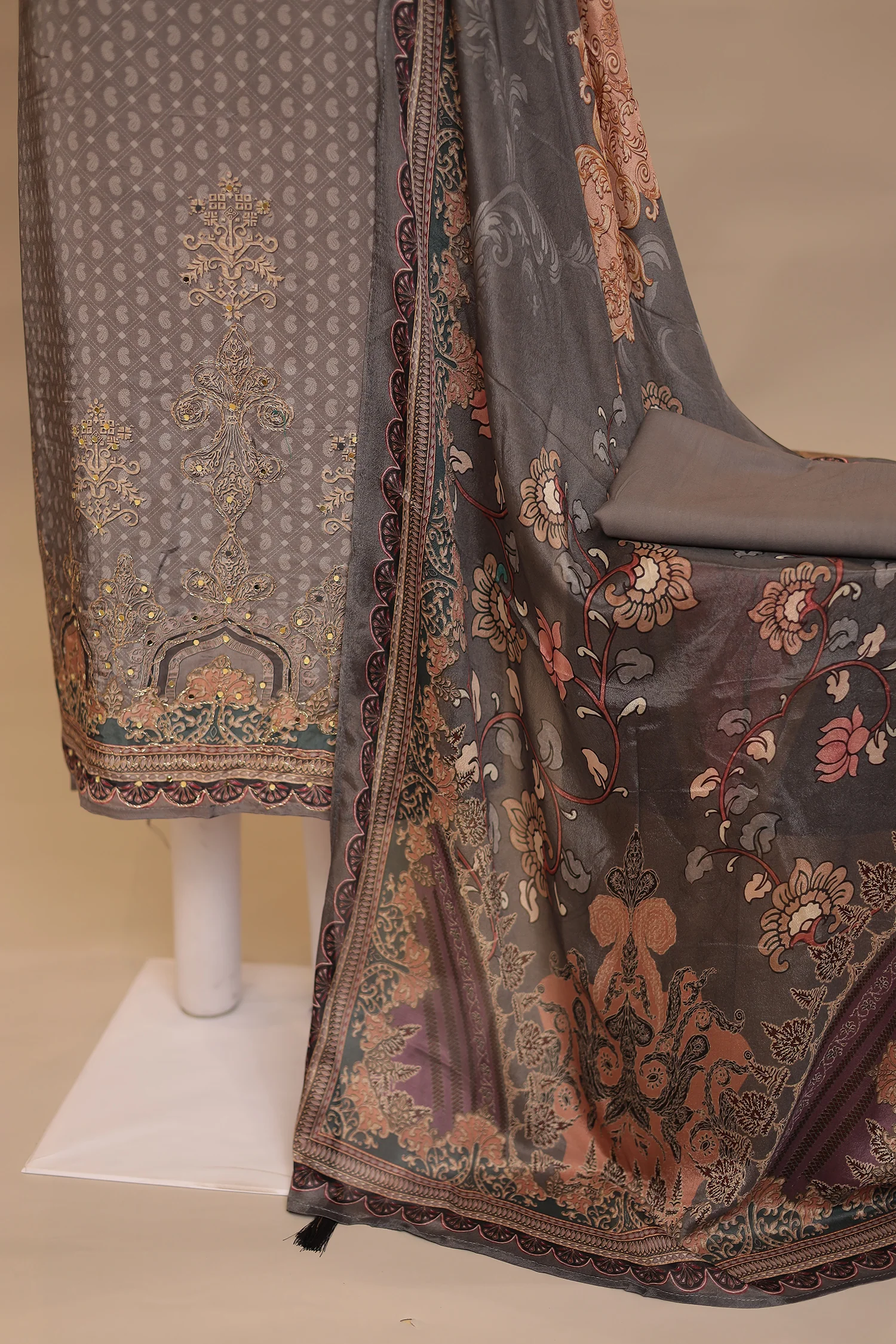 Silk Unstitched Suit with Mirror, Zari work. - Image 3