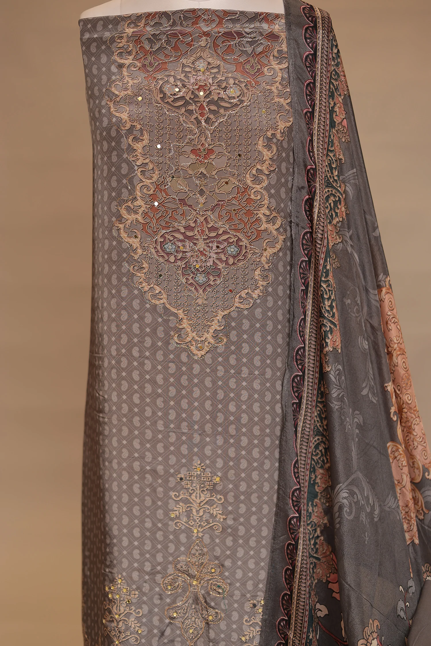 Silk Unstitched Suit with Mirror, Zari work. - Image 4